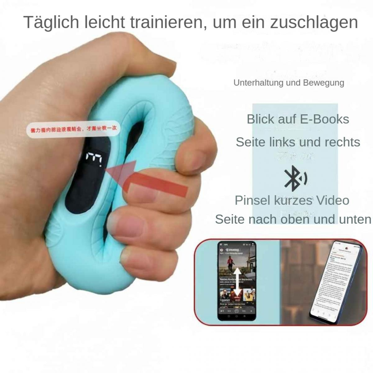 Eine Hand hält einen blauen Handtrainer mit Digitalanzeige. Ein Telefon zeigt ein Video, ein anderes Text. Deutsch steht oben.
