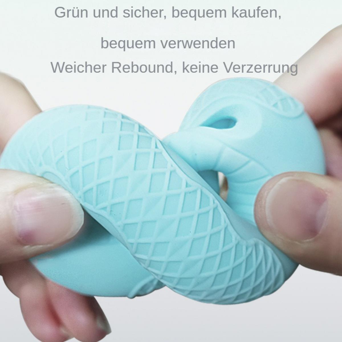 Hände halten ein hellblaues, strukturiertes, geschlungenes Spielzeug. Text auf Deutsch oben. Das Spielzeug wird gedrückt.