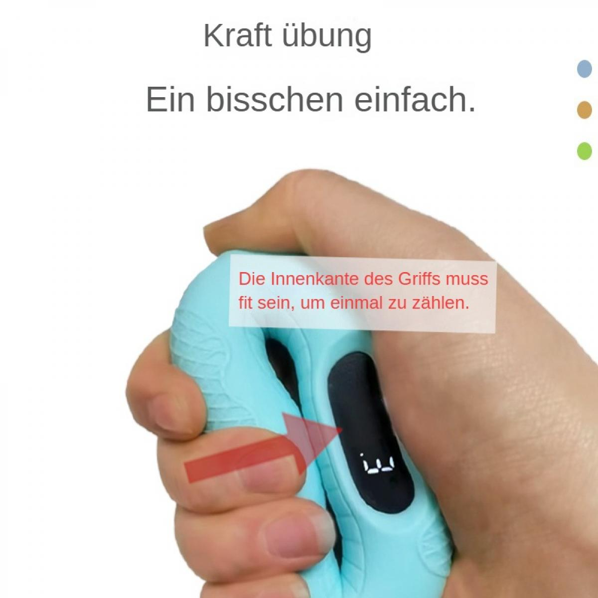 Eine Hand, die einen blauen Griff-Stärker zusammendrückt. Ein roter Pfeil zeigt auf die Digitalanzeige mit der Zahl 3.