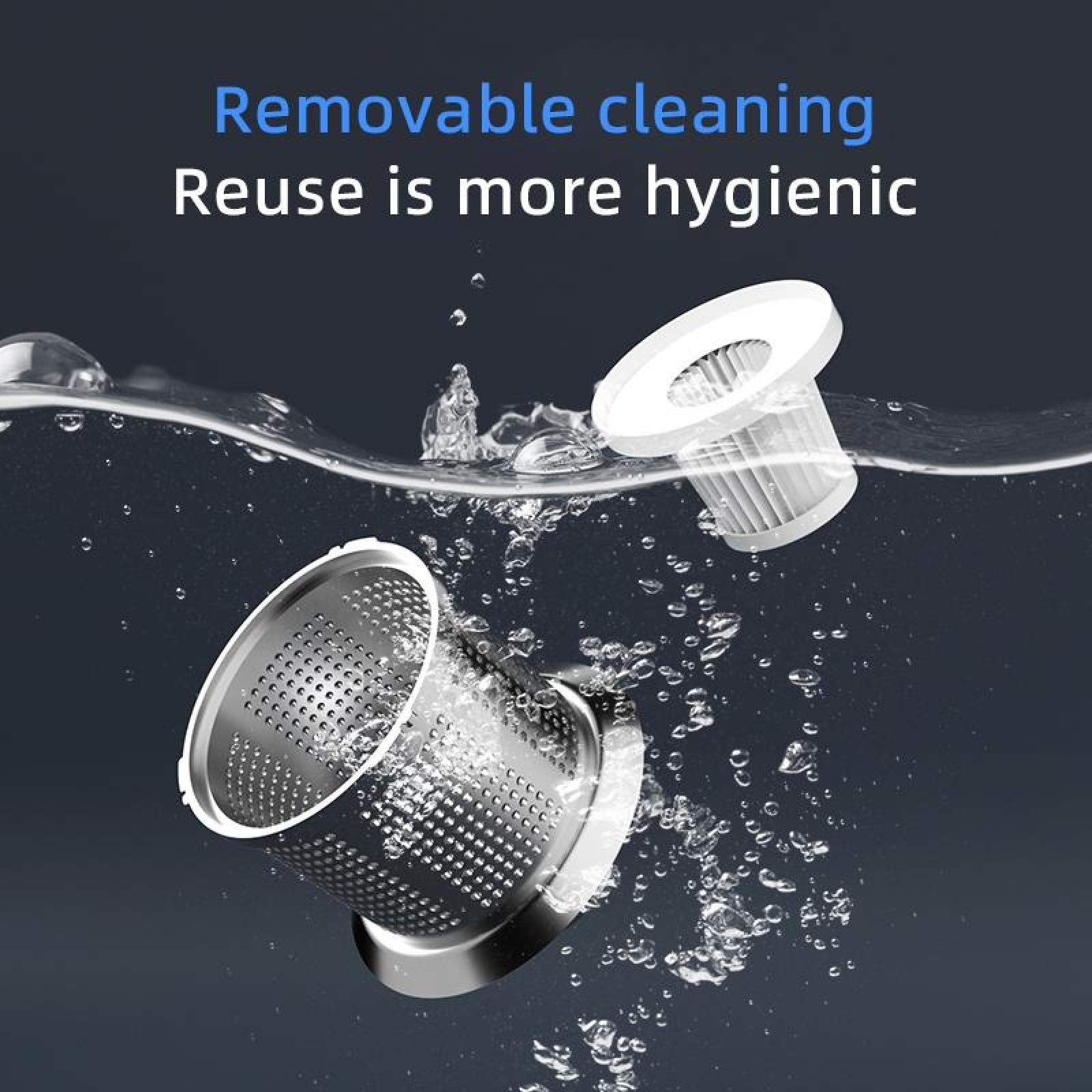 Zwei weiße und metallische Staubsaugerfilter in Wasser getaucht. Der Text lautet: 'Herausnehmbare Reinigung. Wiederverwendung ist hygienischer'.