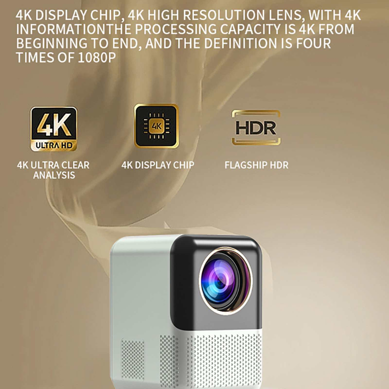 Ein Projektor mit Linse, 4K-Details und HDR. Text enthält '4K Ultra HD' und '4K Display Chip'.