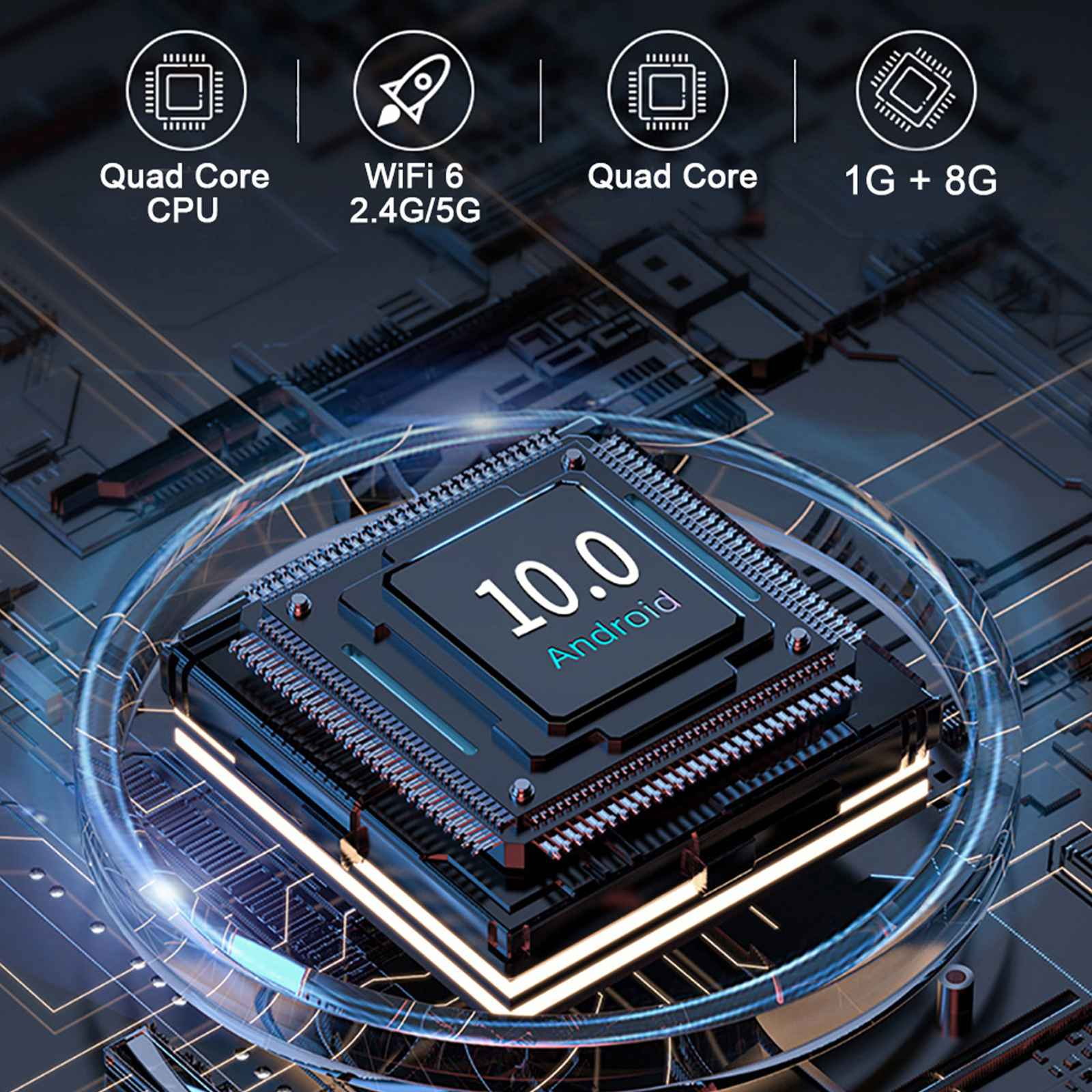 Bild eines Prozessors mit Spezifikationen: Quad-Core-CPU, WiFi 6, 1G+8G und Android 10.0.