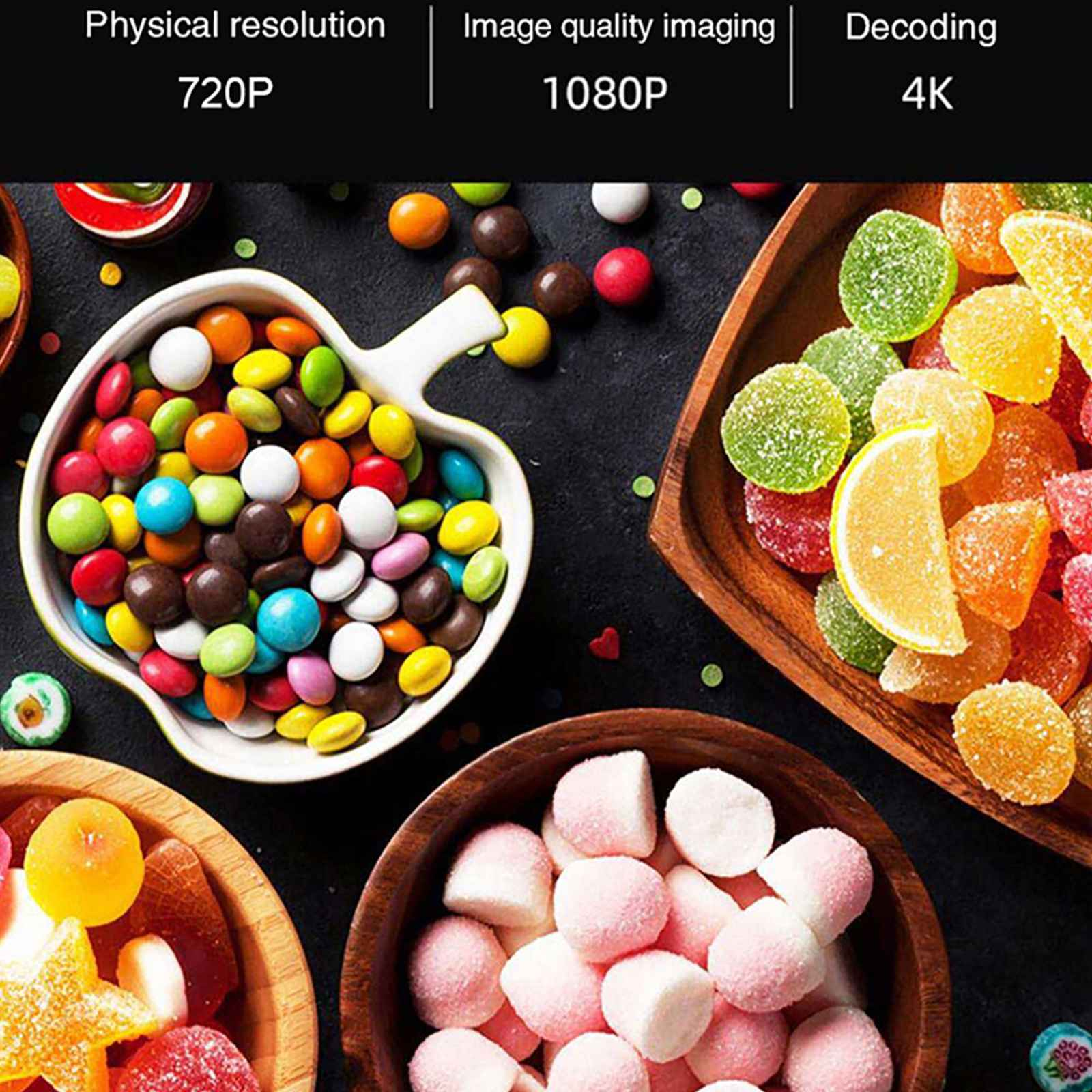 Verschiedene Süßigkeiten in Schalen: Skittles, Gelee, Marshmallows. Schwarzer Hintergrund. Oben Text: Physikalische Auflösung 720P, 1080P, 4K.