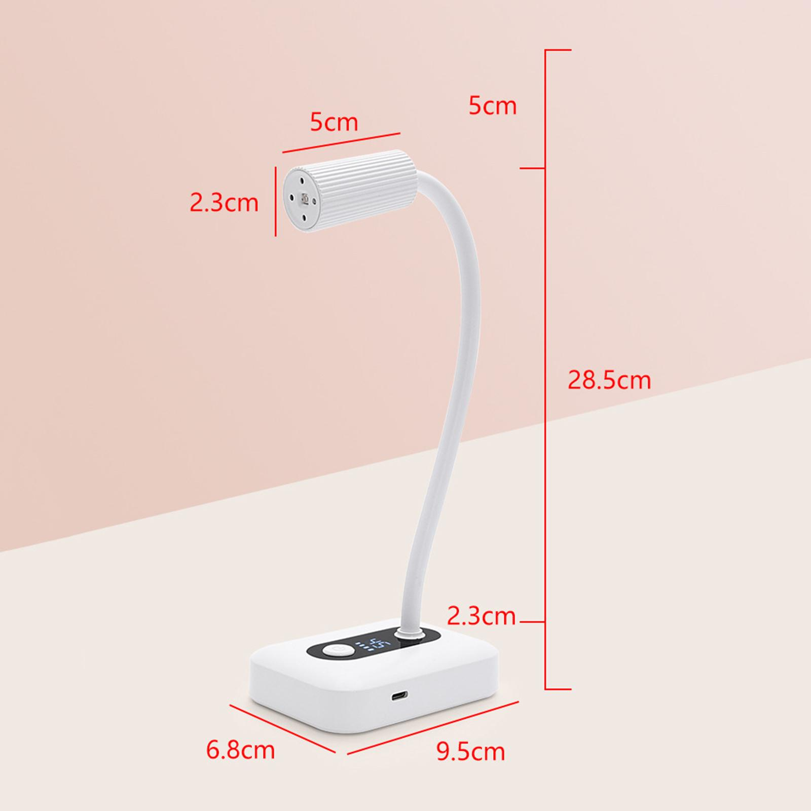Weiße LED-Schreibtischlampe mit beschrifteten Abmessungen. Sie hat einen flexiblen Hals und einen rechteckigen Sockel mit Display.