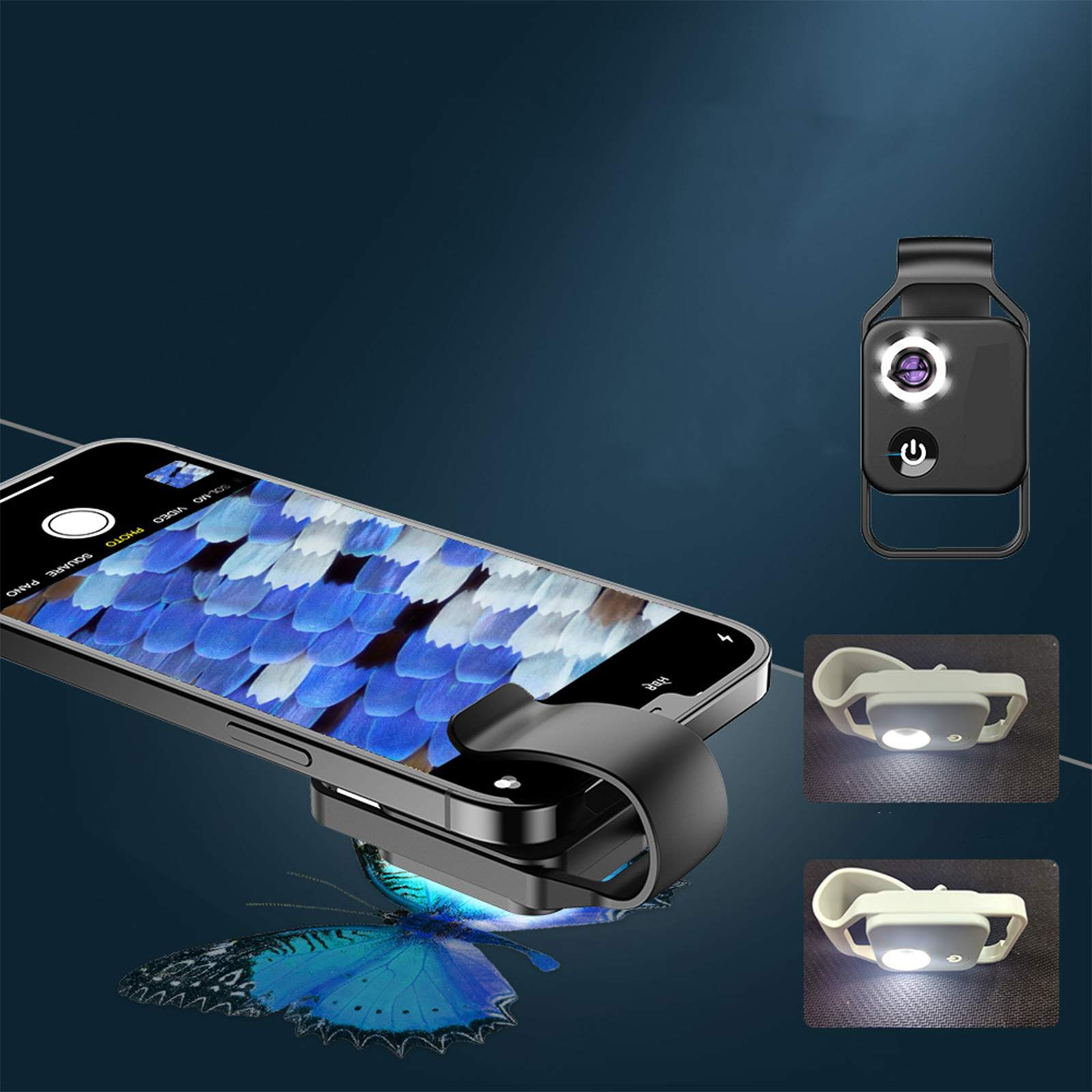Ein Smartphone mit einem Schmetterlingsflügelmuster auf dem Bildschirm, mit Kameraobjektivaufsatz und zusätzlichen Lichtern.