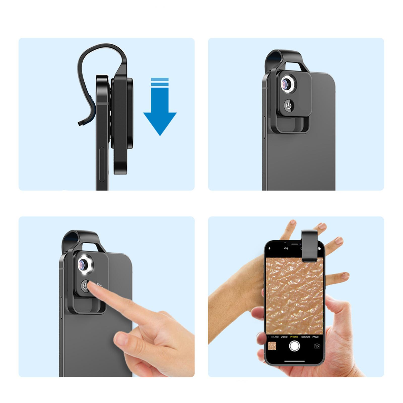 Smartphone mit Objektivaufsatz. Zeigt Hautstruktur im Nahaufnahme. Pfeile zeigen Objektivplatzierung. Hand hält Telefon.