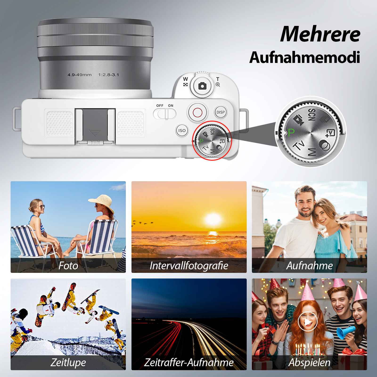 Eine weiße Kamera mit verschiedenen Aufnahmemodi, darunter Foto, Zeitraffer und Zeitlupe, mit entsprechenden Symbolen.