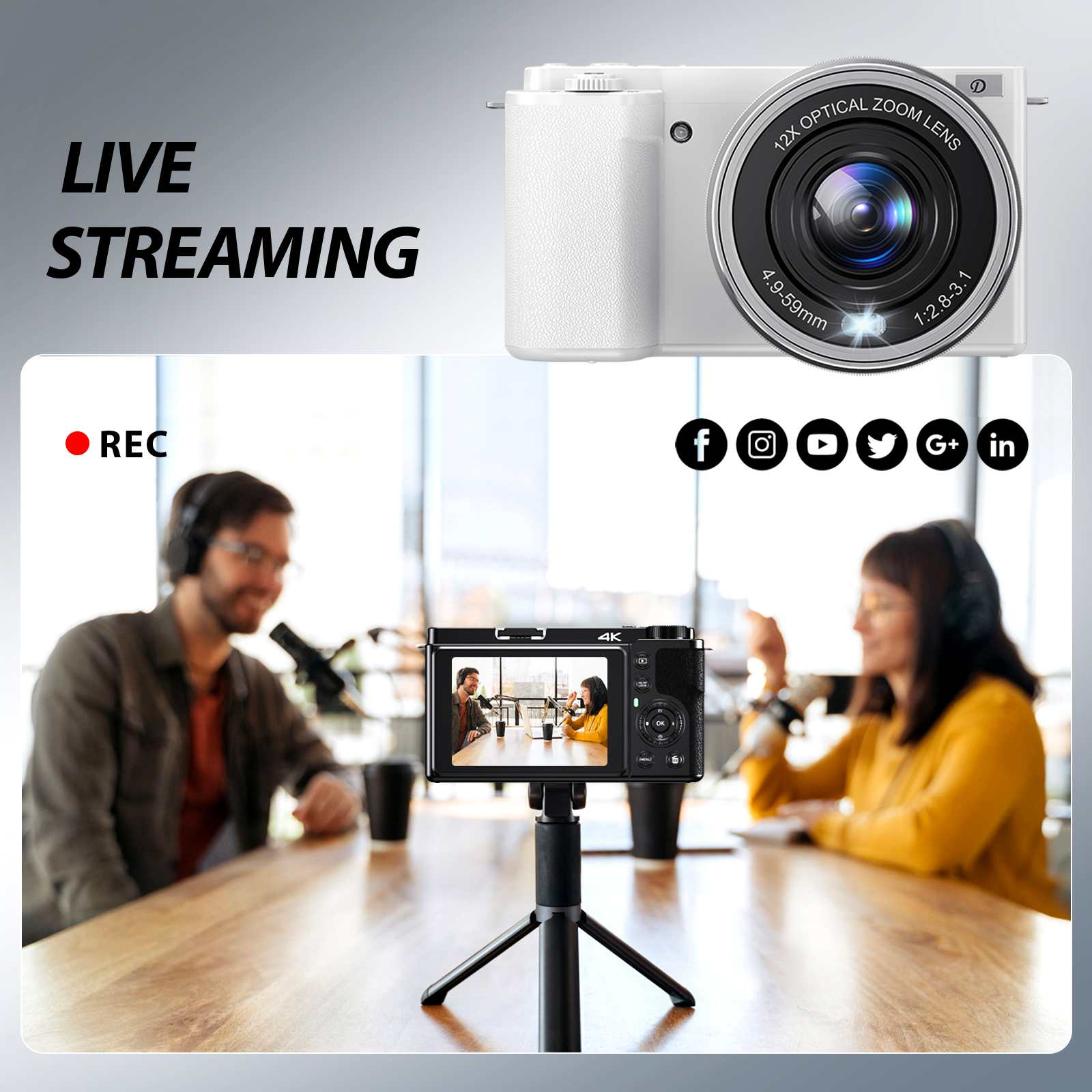 Das Bild zeigt ein Live-Streaming-Setup mit einer Kamera, zwei Personen und Social-Media-Symbolen. Die Kamera zeigt einen Live-Feed.