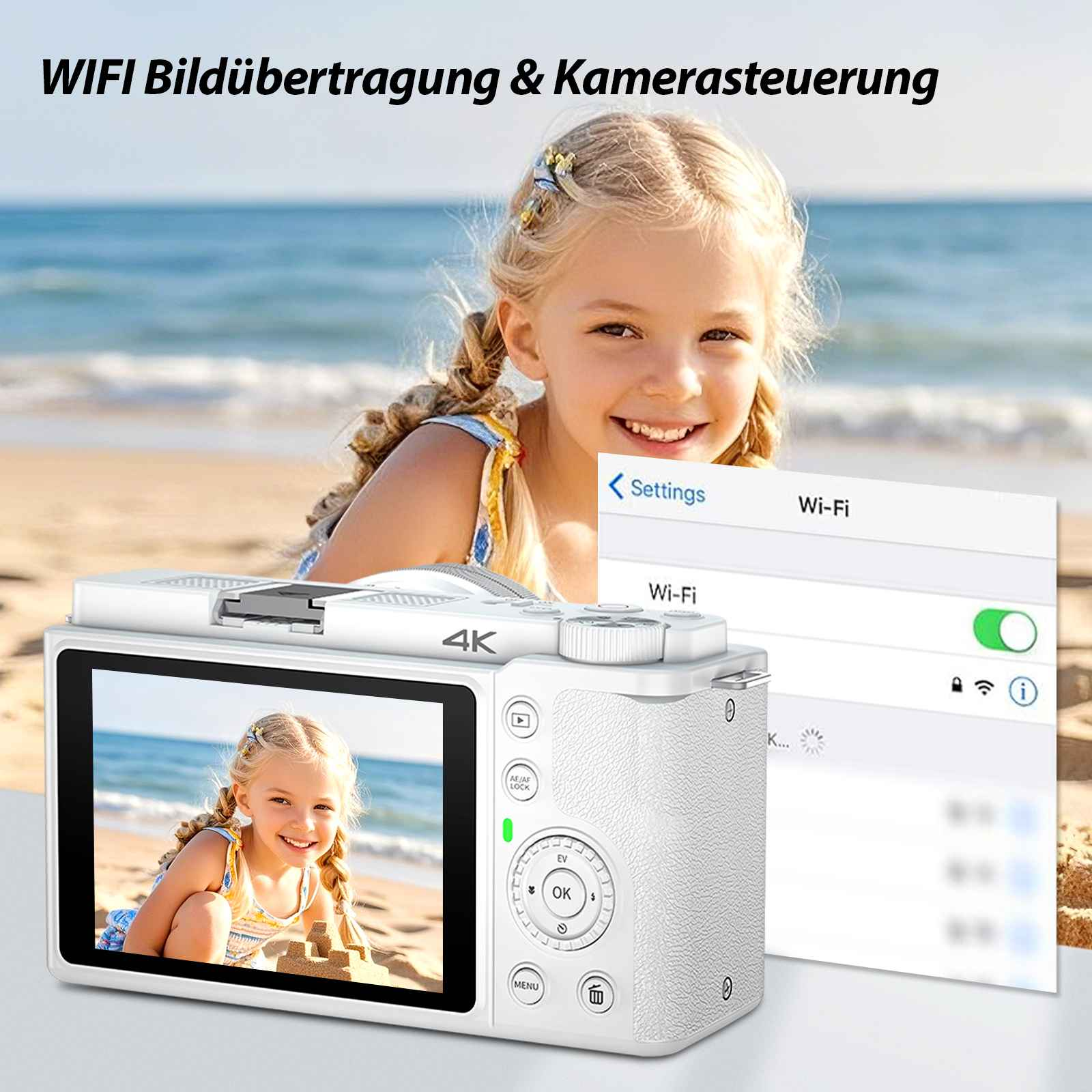 Ein lächelndes Mädchen hält eine Kamera. Auf dem Kamerabildschirm wird eine Strandszene mit einer WLAN-Einstellung angezeigt.