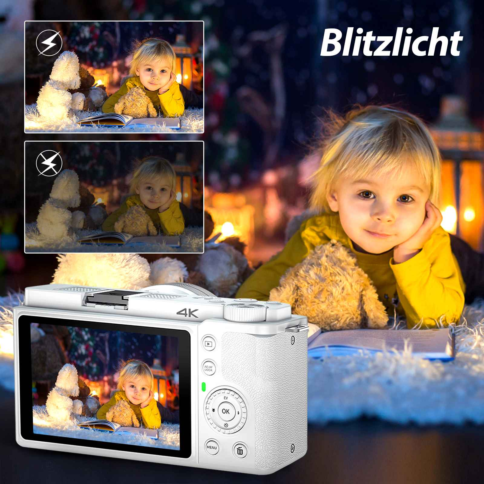 Ein Kind liegt auf einem Teppich und hält einen Teddybären. Eine Kamera befindet sich im Vordergrund und zeigt das Kind auf dem Bildschirm. Blitzlicht geschrieben.