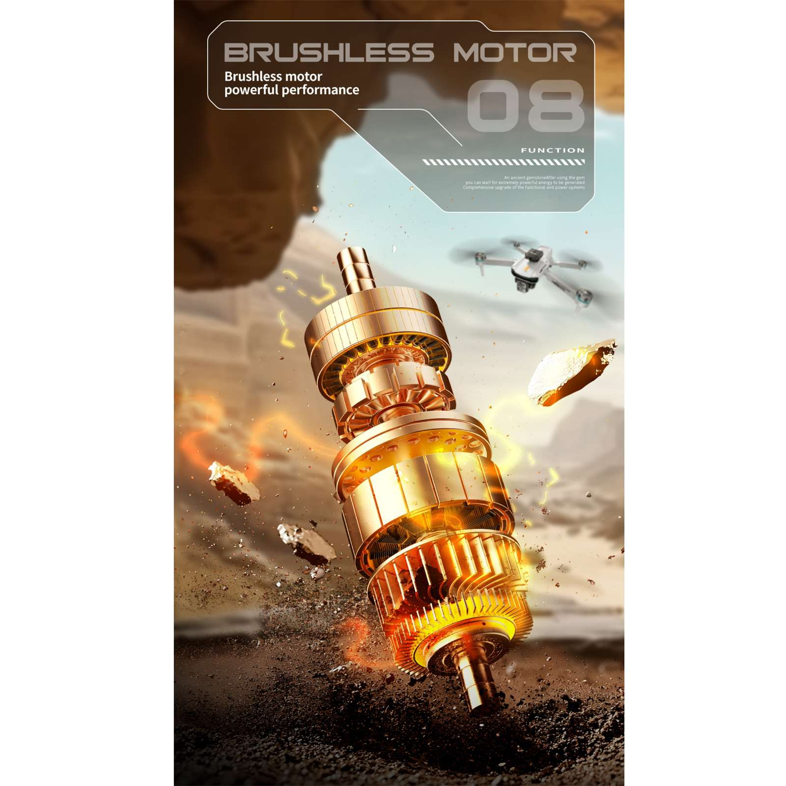 Ein goldener bürstenloser Motor wird angezeigt. Eine Drohne fliegt im Hintergrund. Der Text oben lautet 'BRUSHLESS MOTOR'.