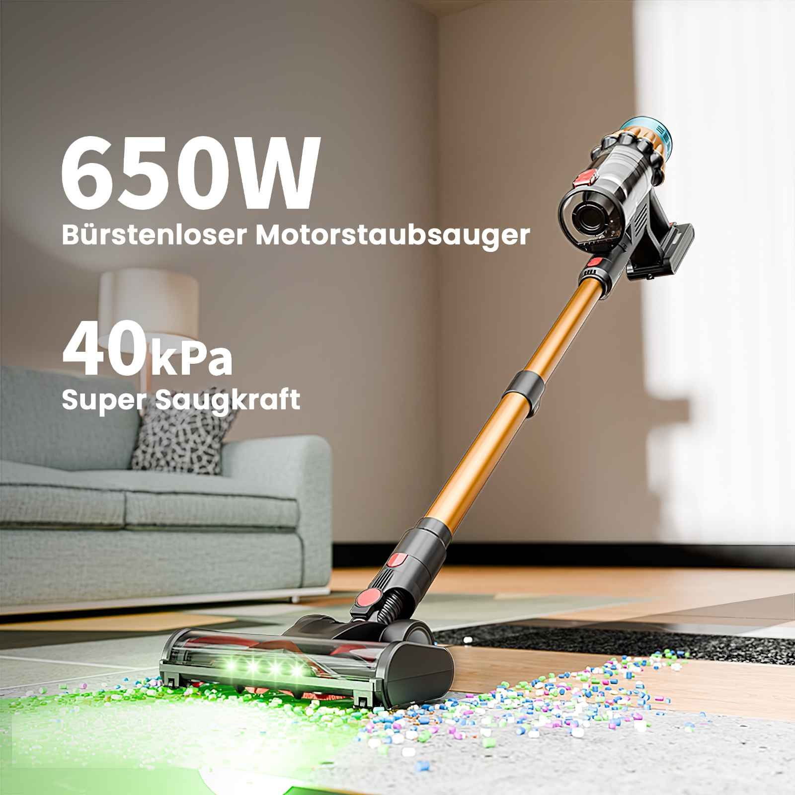 Ein kabelloser Staubsauger mit technischen Daten ist abgebildet. Sofa und verstreute Trümmer befinden sich im Hintergrund.