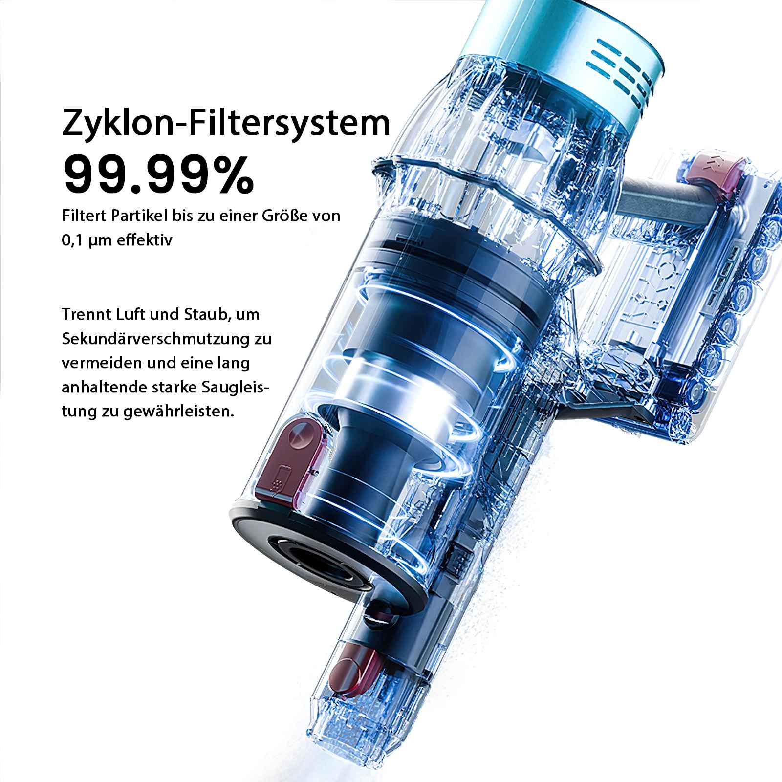 Eine transparente Staubsaugerkomponente mit Textüberlagerung, die 99,99% Filterung zeigt. Sie trennt Luft und Staub.
