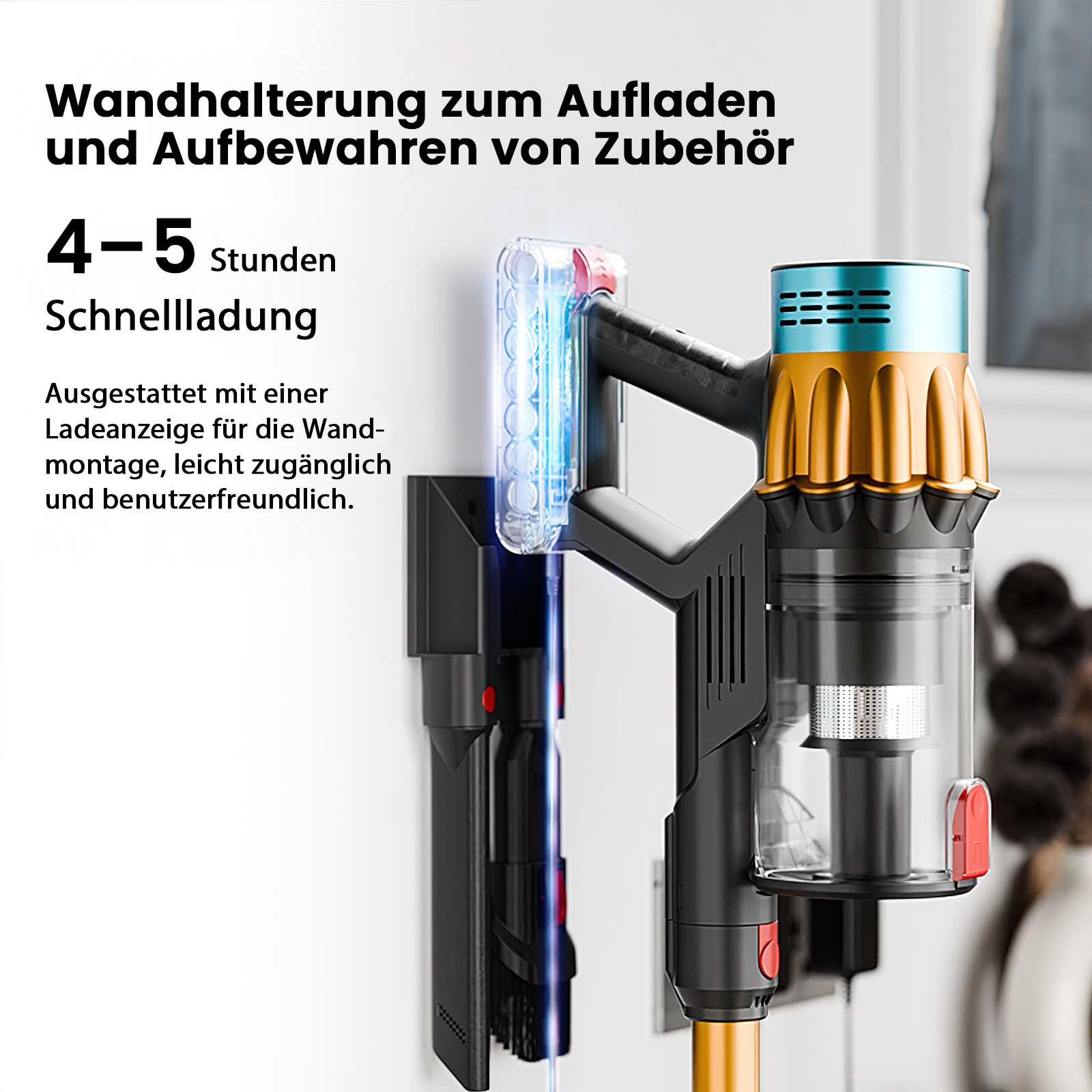 Staubsauger an der Wand montiert. Der Staubsauger ist schwarz, gelb und blau. Die Wandhalterung hat eine Ladeanzeige.
