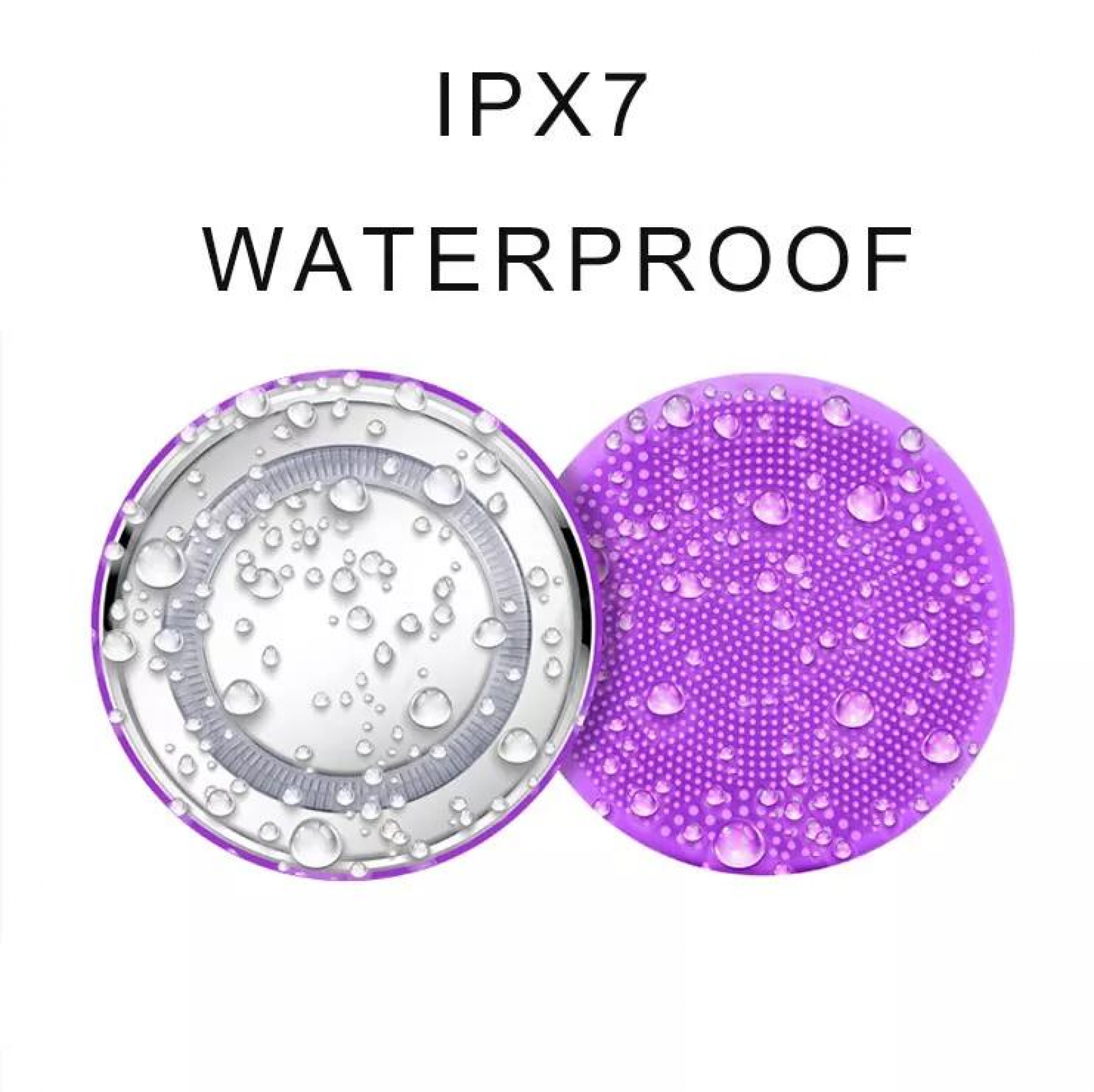 Zwei kreisförmige Gesichtsreinigungsgeräte mit Wassertropfen. Eines silberfarben, eines lila. Text: IPX7 WASSERDICHT.