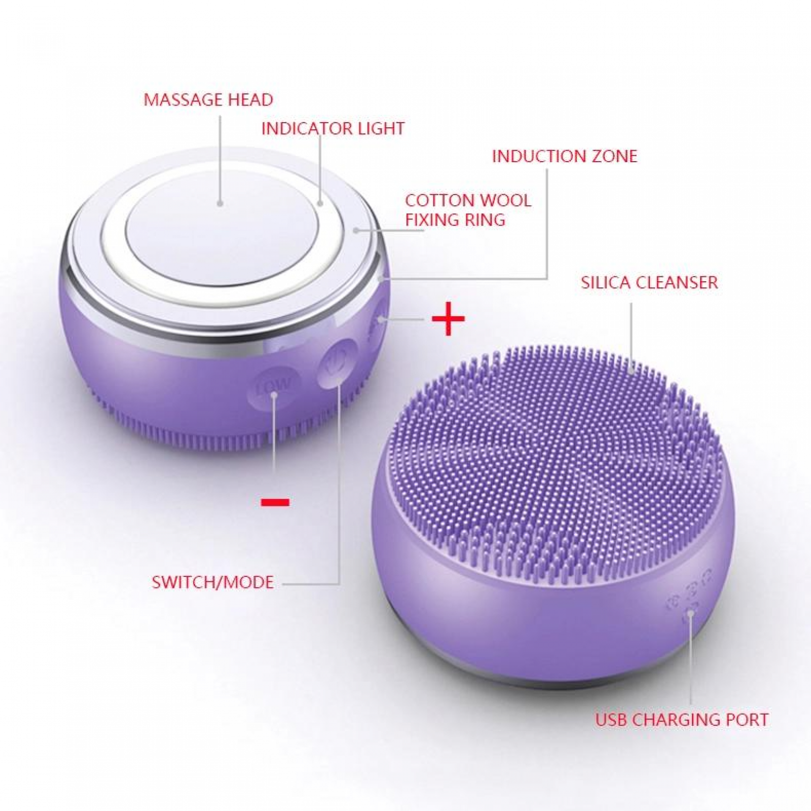 Ein violettes Gesichtsreinigungsgerät mit Massagekopf, Kontrollleuchte und Silikonreiniger, beschriftet mit verschiedenen Funktionsanzeigen.