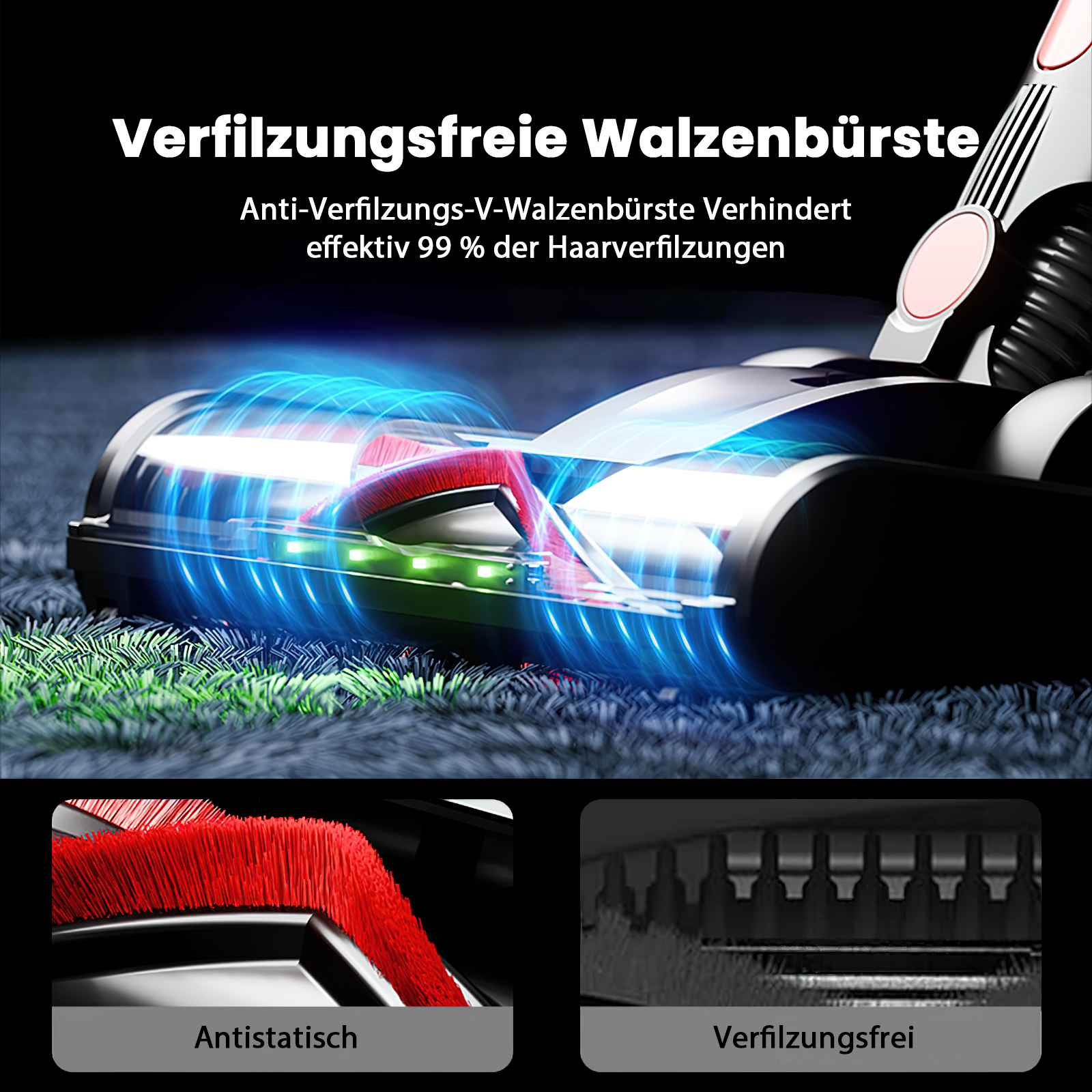 Staubsaugerdetail. Walzenbürste, rote Borsten, blauer Lichteffekt und Text: Verfilzungsfreie Walzenbürste.