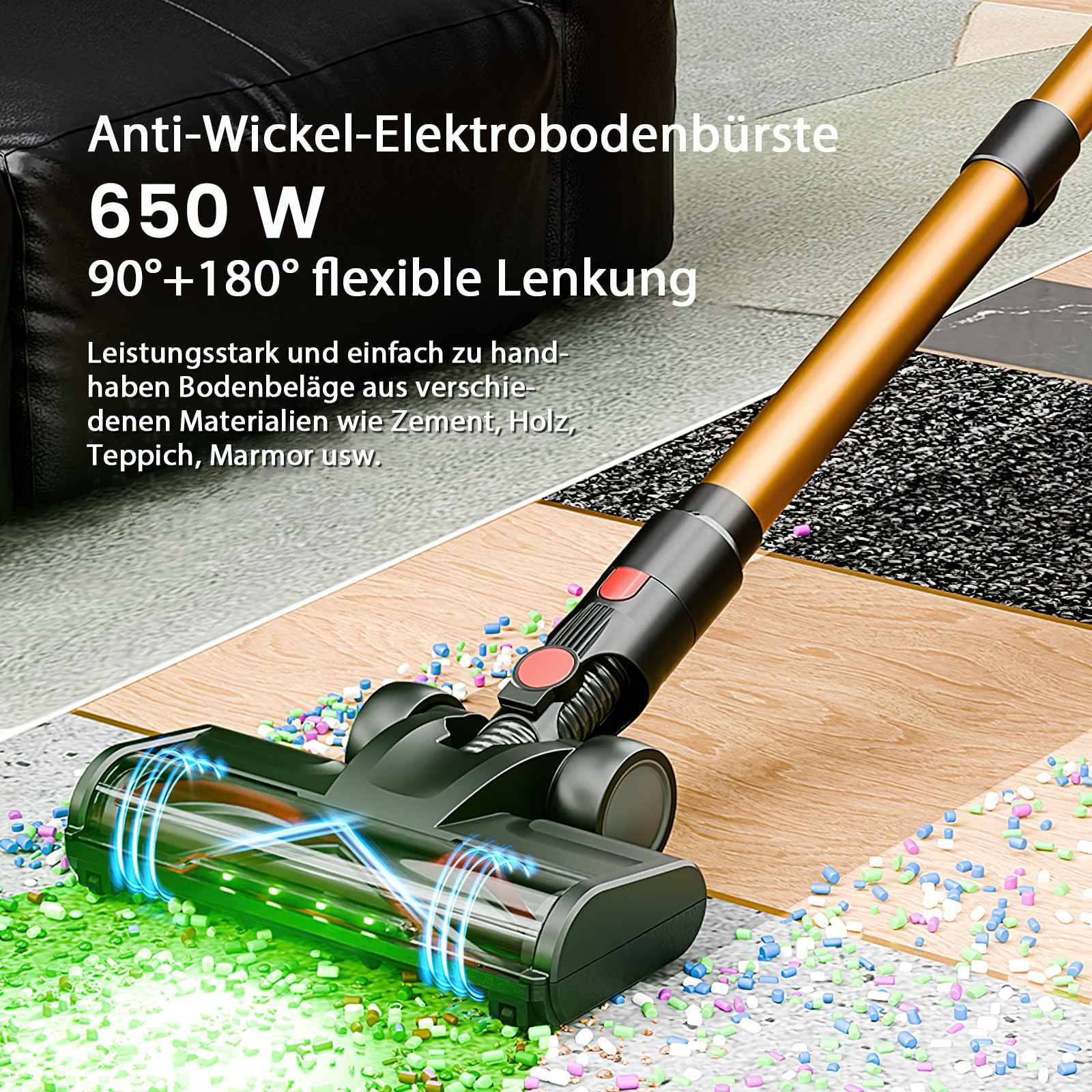 Staubsauger auf Holzboden, Text überlagert: Anti-Wickel-Elektrobodenbürste 650 W. Die Bürste ist grün und schwarz.