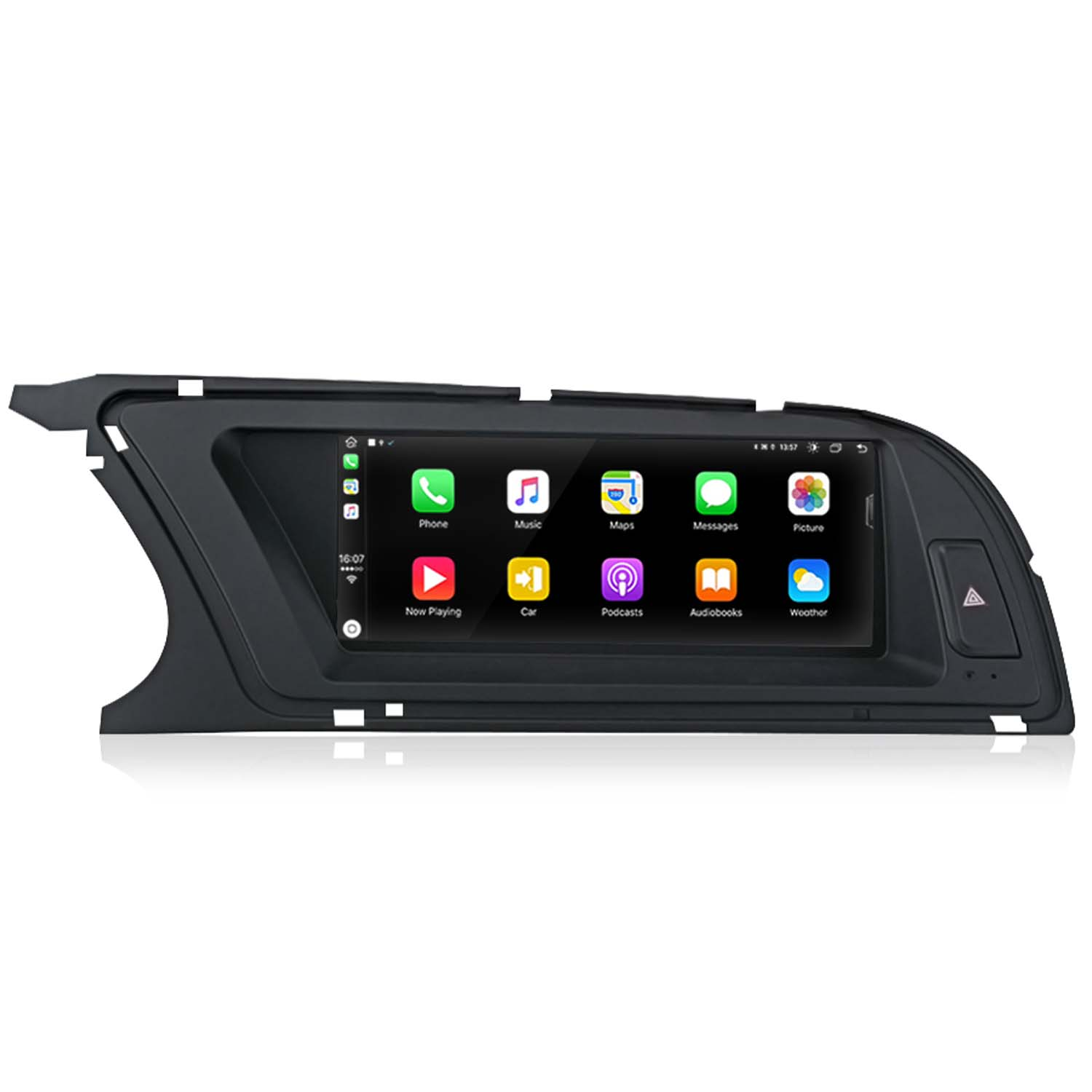 Auto-Multimedia-System mit Touchscreen, das App-Symbole anzeigt: Telefon, Musik, Karten, Nachrichten, Bild, Podcasts, Hörbücher, Wetter.