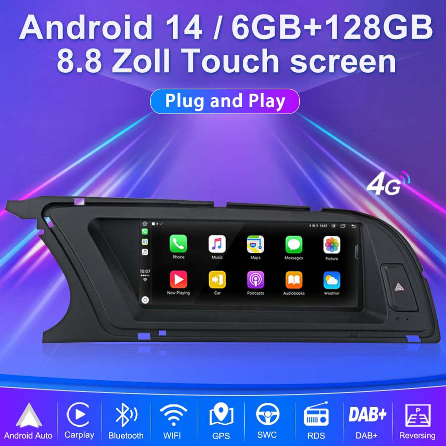 Ein Auto-Multimedia-System mit Touchscreen, das verschiedene App-Symbole anzeigt, mit Android 14, 6GB+128GB und 4G-Konnektivität.