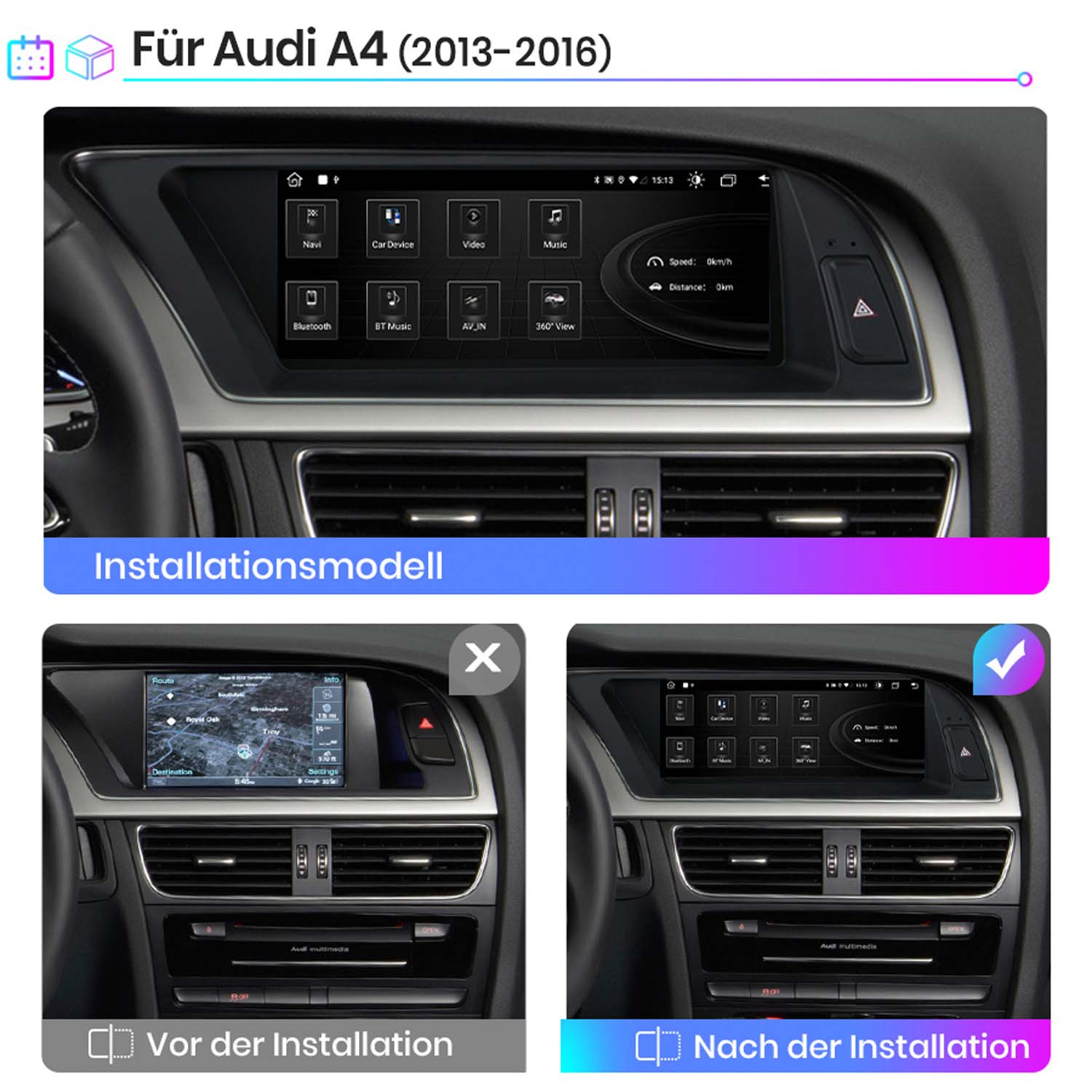 Armaturenbrett mit Bildschirm, der Navigation, Car Device, Video, Musik, Bluetooth und andere Funktionen zeigt. Vorher-Nachher-Vergleich.
