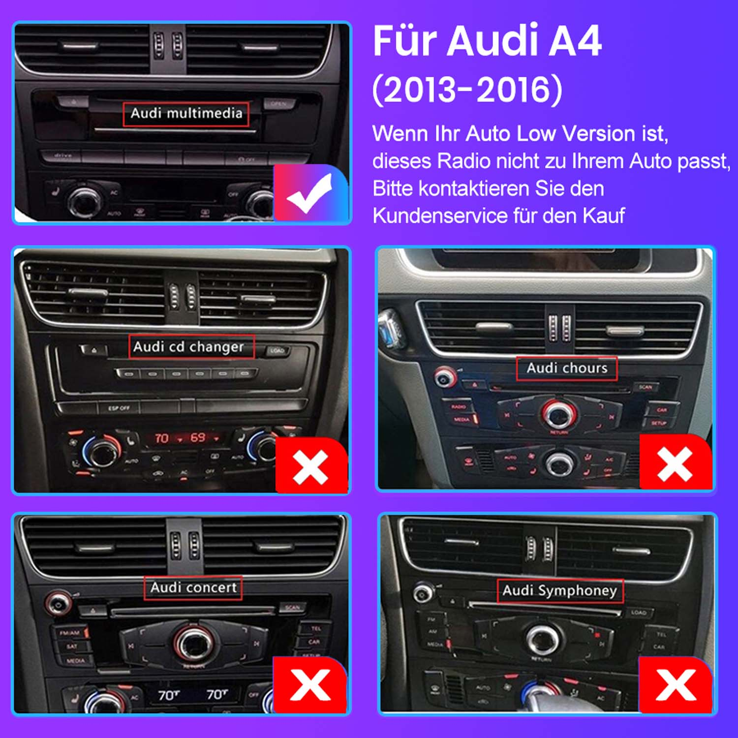 Audi A4 Autoradio-Optionen: Multimedia (Haken), CD-Wechsler, Konzert, Chours und Symphonie (alle mit X markiert).