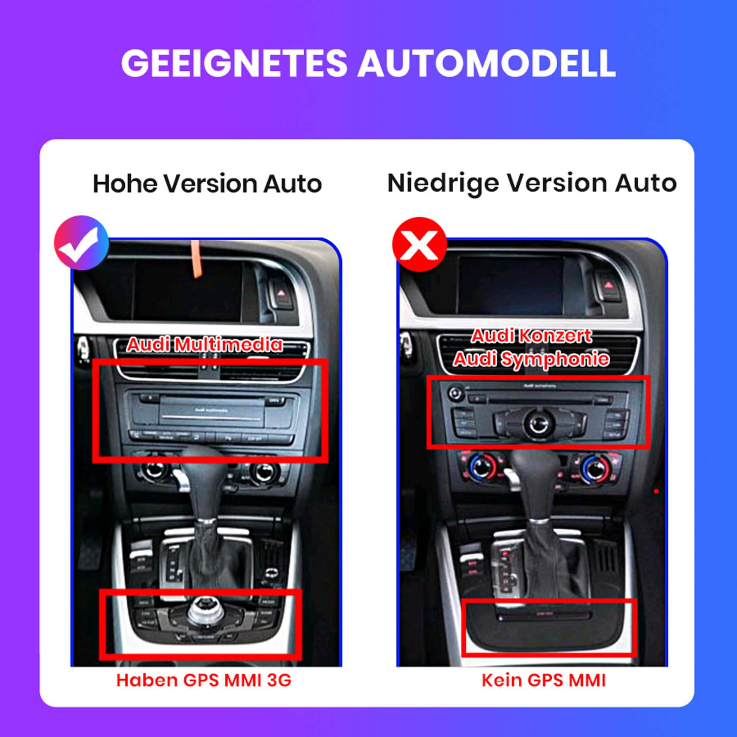 Das Bild vergleicht Armaturenbretter von Autos. Eines hat Audi Multimedia, GPS und ein Häkchen. Das andere hat Audi Konzert, kein GPS und ein X.