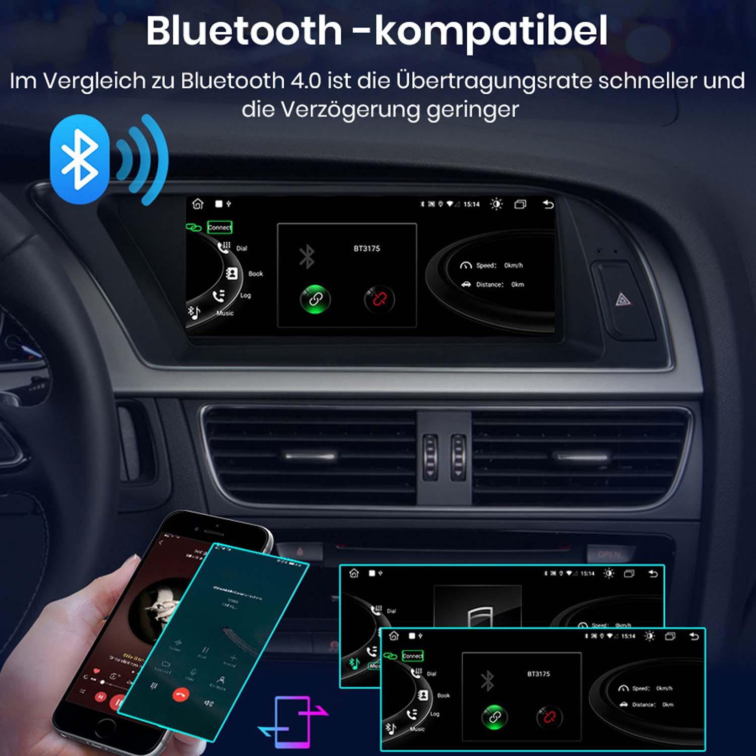 Auto-Dashboard-Bildschirm mit Bluetooth-Verbindung, zwei Smartphones und einer Hand. Der Bildschirm zeigt Geschwindigkeit und Entfernung.
