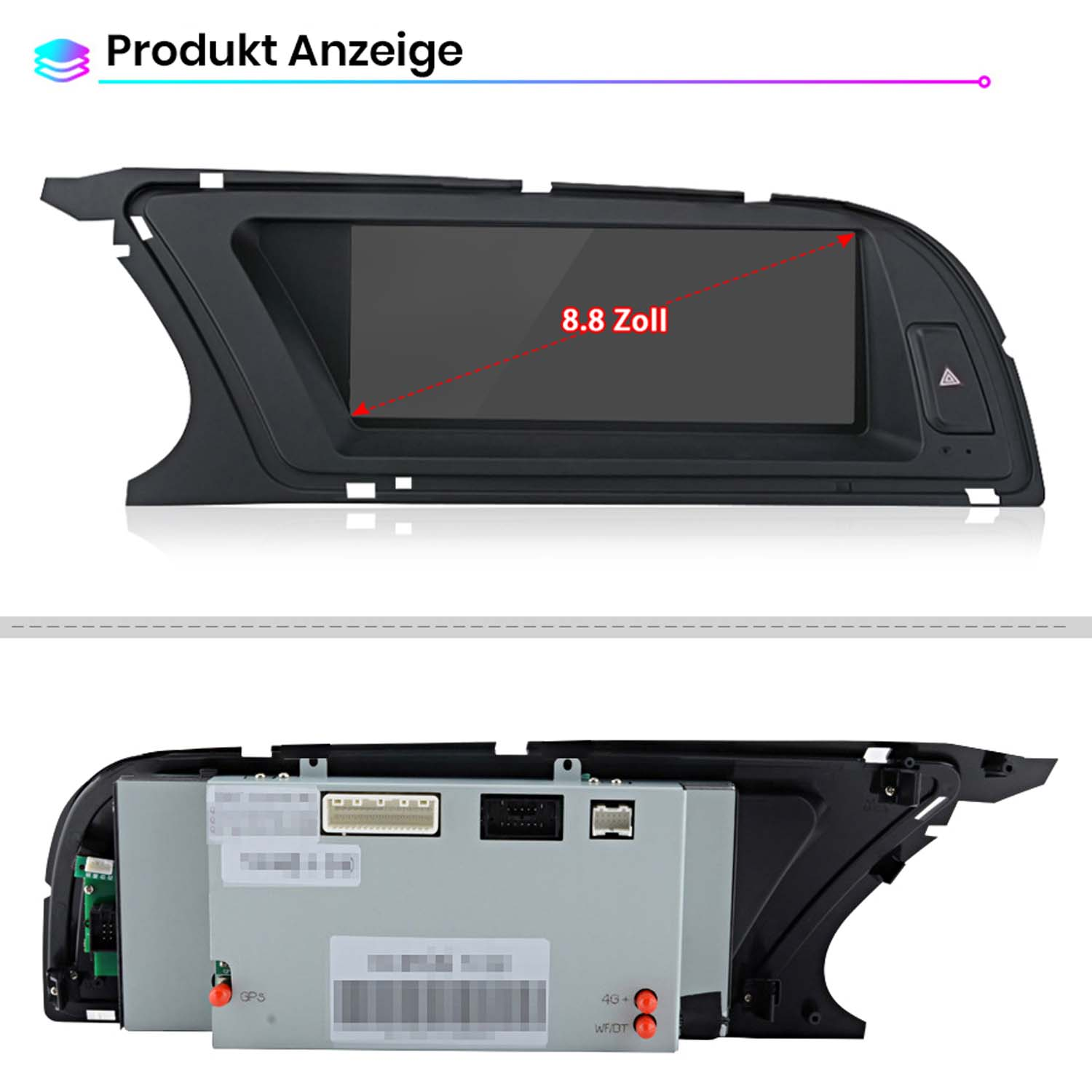 Auto-Navigationssystem mit 8,8-Zoll-Bildschirm, schwarzer Rahmen. Oben: Vorderansicht. Unten: Rückansicht mit Anschlüssen und GPS-Label.