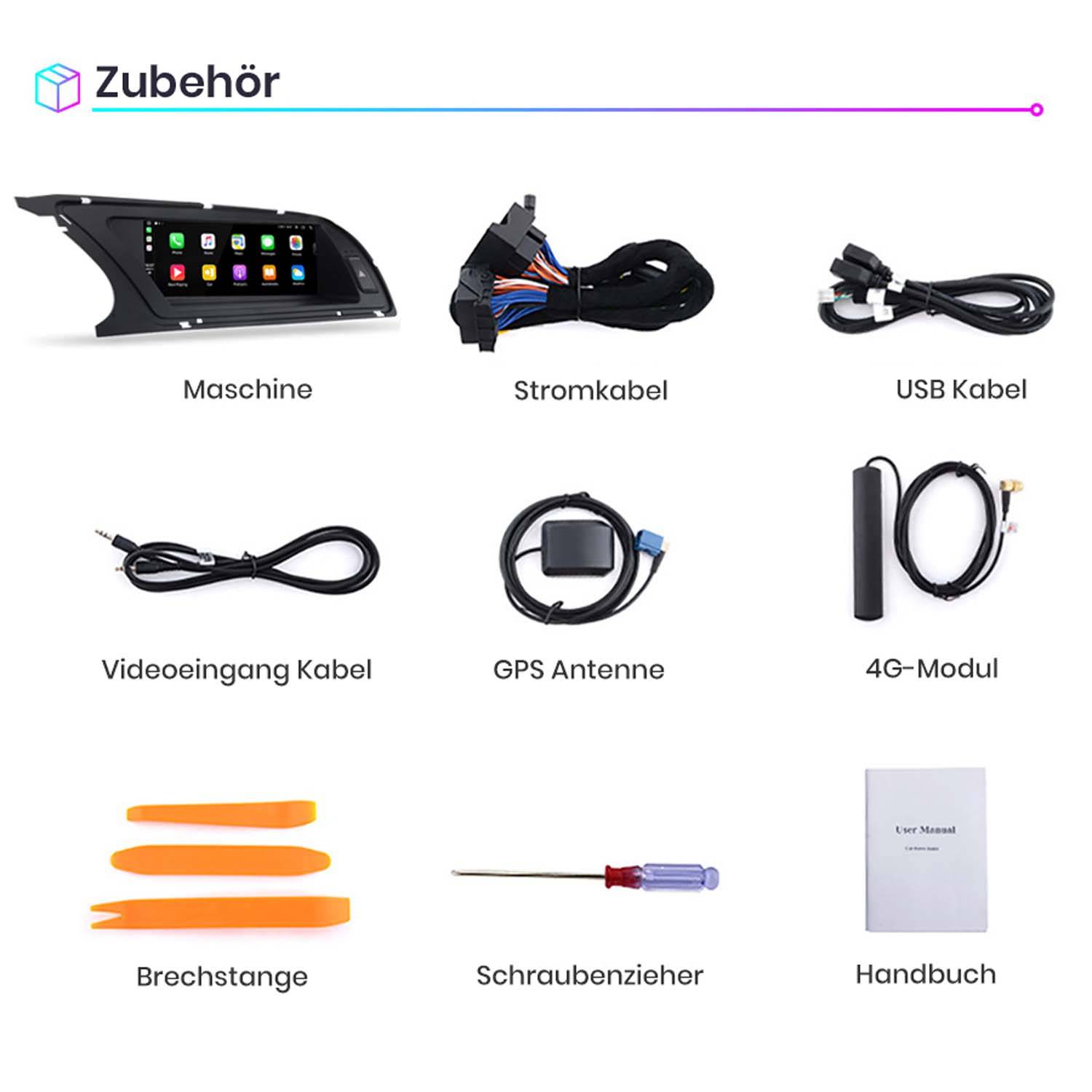 Das Bild zeigt Auto-Audio-Zubehör: Maschine, Kabel, USB, Videoeingang, GPS-Antenne, 4G-Modul, Hebel, Schraubendreher und Handbuch.
