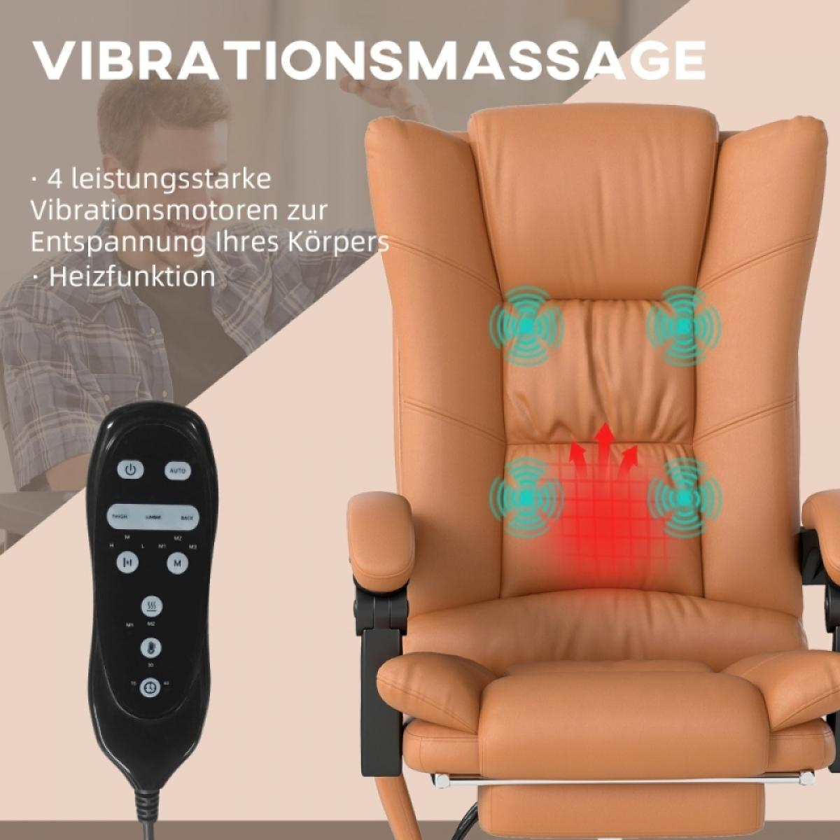 Ein orangefarbener Massagestuhl mit Bedienfeld. Text sagt 'Vibrationsmassage'. Verfügt über 4 Motoren und Heizung.