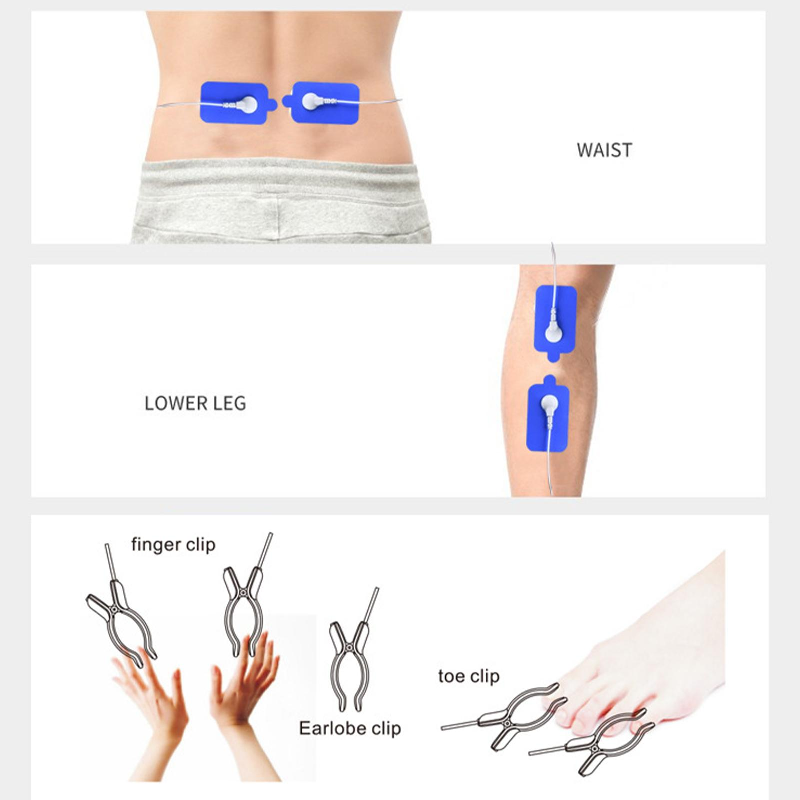 Diagramm, das Körperteile mit Elektroden und Clip-Zubehör zeigt, einschließlich Taille, Unterschenkel, Finger-, Ohrläppchen- und Zehenclips.
