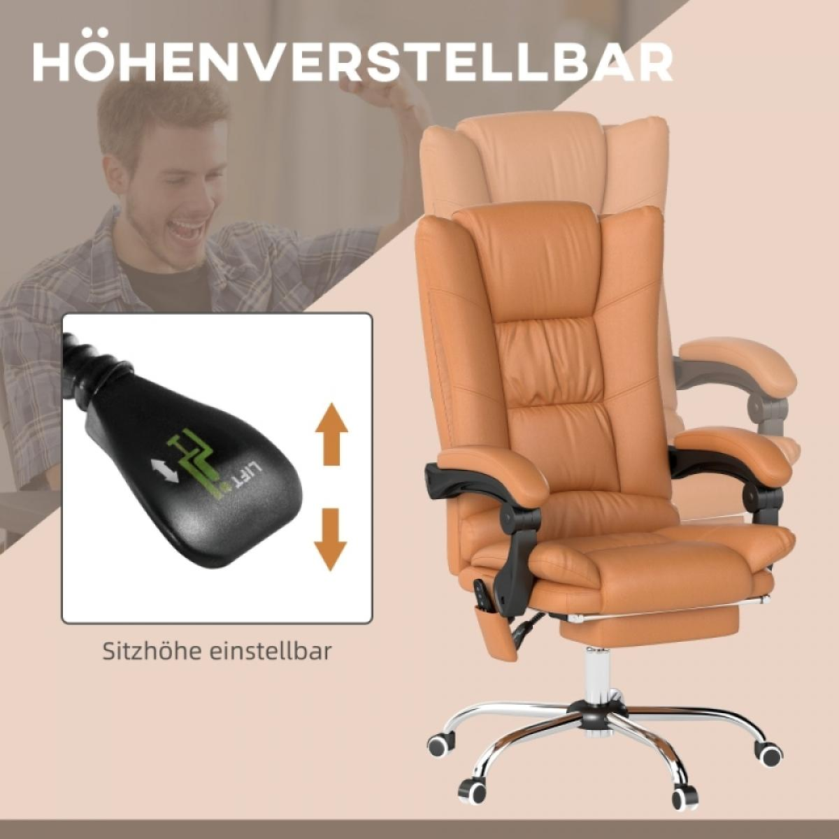 Ein Bürostuhl mit höhenverstellbarer Funktion wird gezeigt. Im Hintergrund ist ein Mann zu sehen. Text sagt 'Höhenverstellbar' und 'Sitzhöhe einstellbar'.