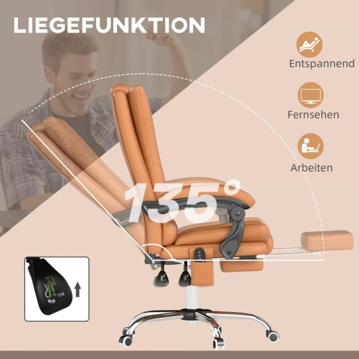Ein orangefarbener Bürostuhl mit Fußstütze wird gezeigt. Im Hintergrund ist ein Mann zu sehen. Symbole zeigen die Funktionen des Stuhls: Entspannen, Fernsehen, Arbeiten.