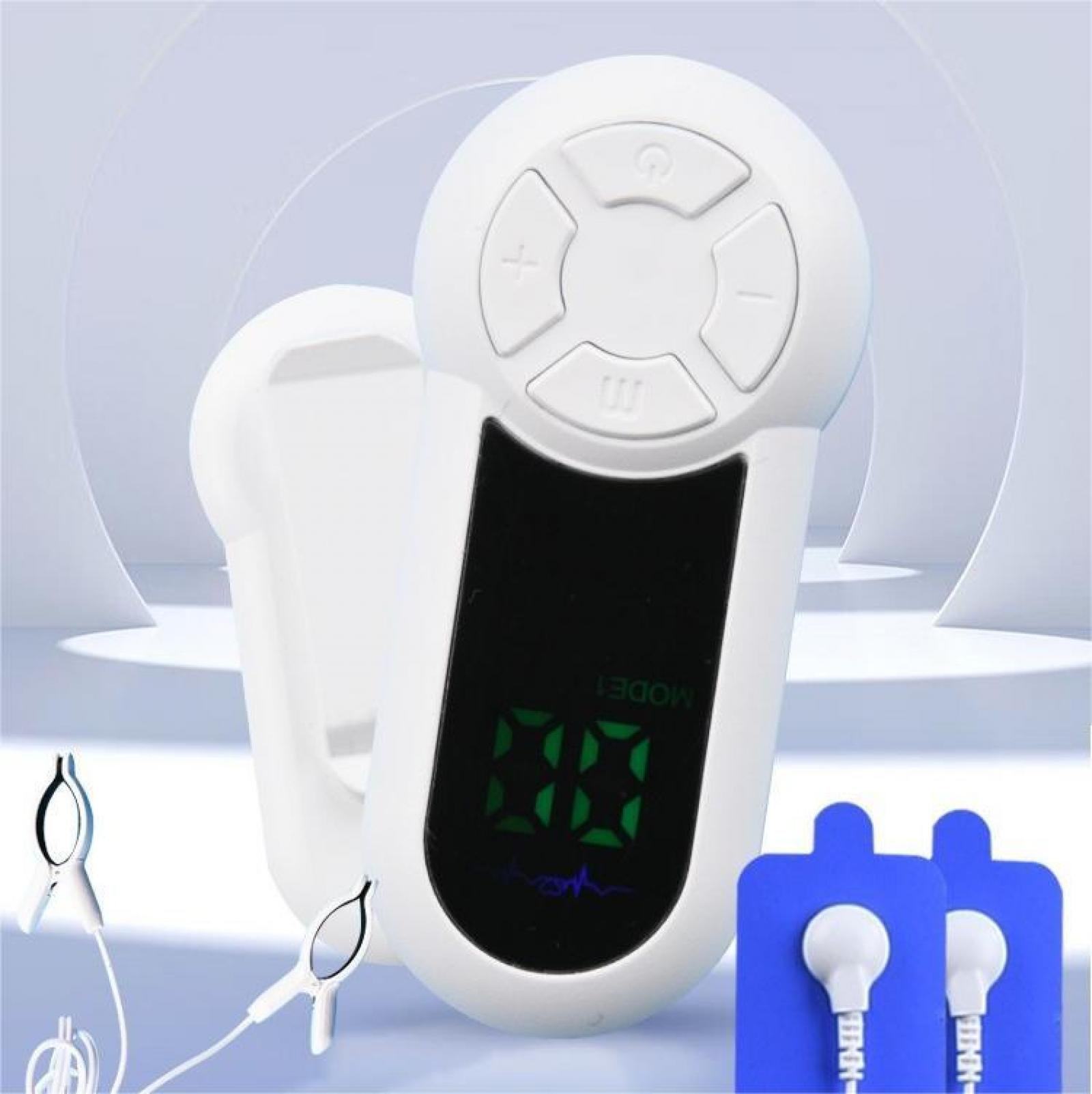 Weißes medizinisches Gerät mit Tasten und Display. Enthält Elektrodenpads und Clips vor weichem Hintergrund.