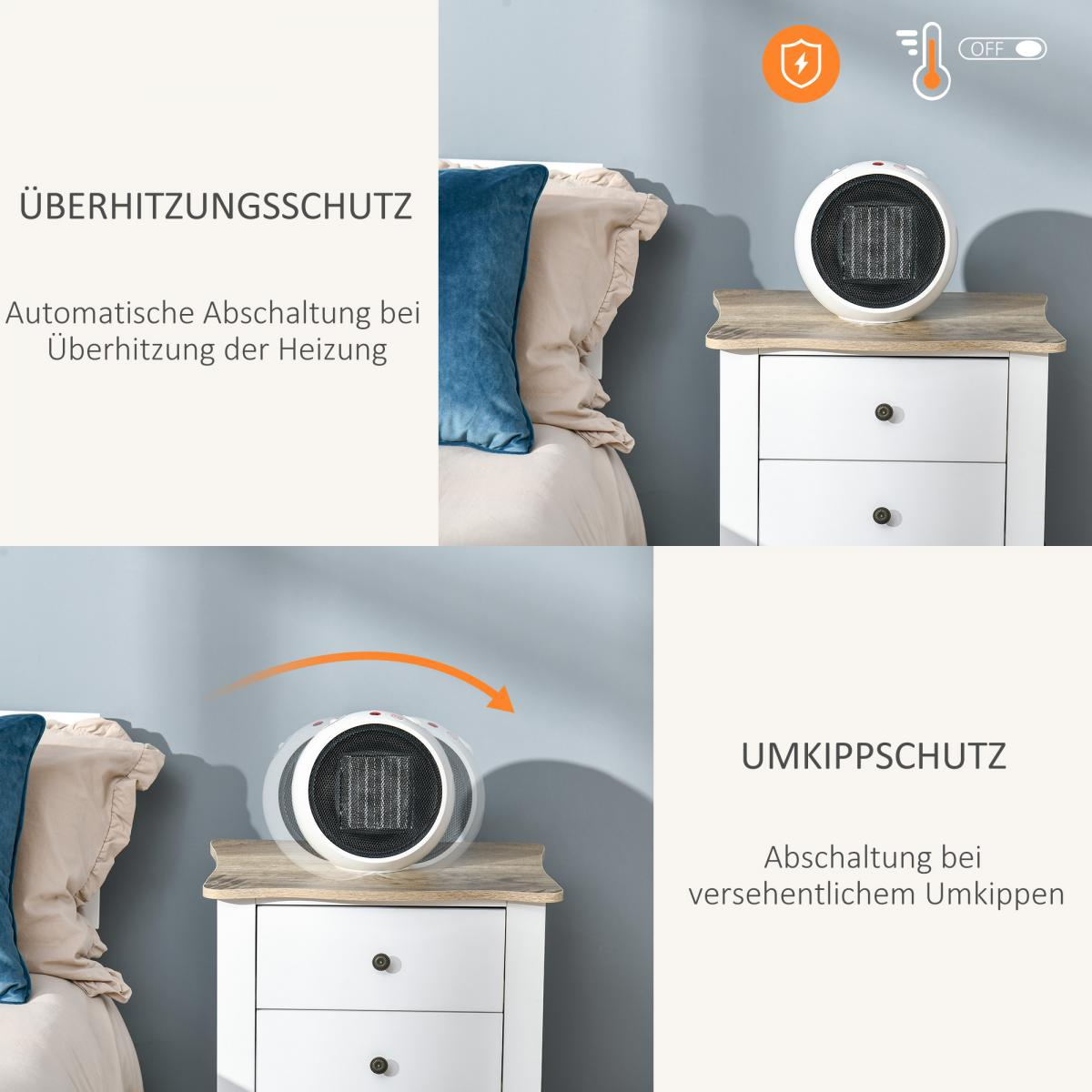 Ein weißer Heizlüfter auf einem Nachttisch. Im Hintergrund ein blaues Kissen und ein Bett. Der Heizlüfter ist geneigt, mit einem orangefarbenen Pfeil.