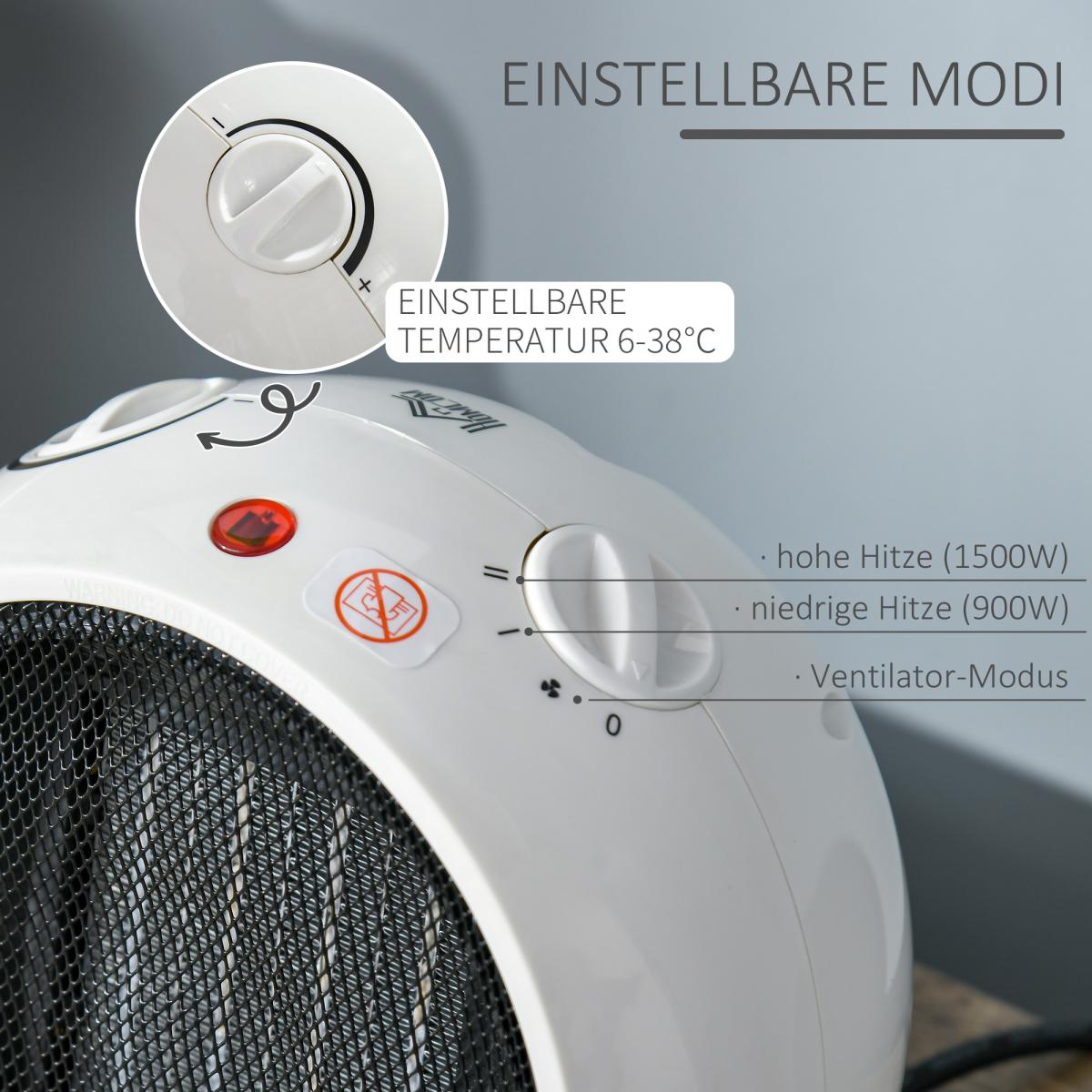 Ein weißer Elektroheizer mit Bedienfeld. Text zeigt einstellbare Modi und Temperaturbereich. Zeigt hohe/niedrige Hitze und Ventilator.
