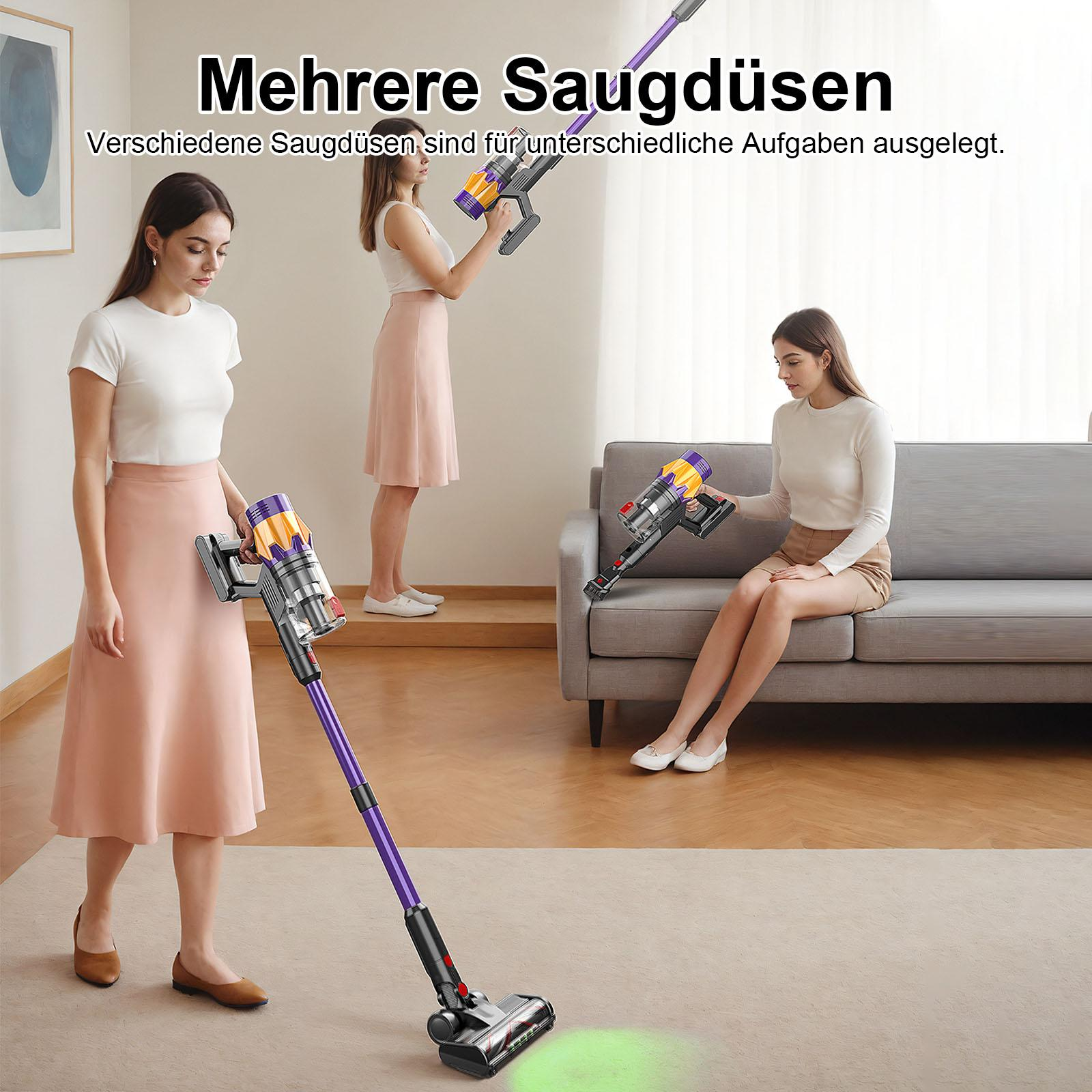 Drei Frauen mit Staubsaugern. Eine saugt einen Teppich, eine hält einen, die dritte sitzt mit einem auf einem Sofa.