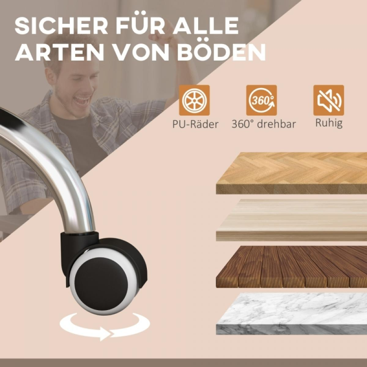 Ein Mann lächelt neben einem Stuhlrad, Text sagt 'Sicher für alle Bodenarten', und Icons zeigen PU-Räder, 360° Drehung und ruhig.