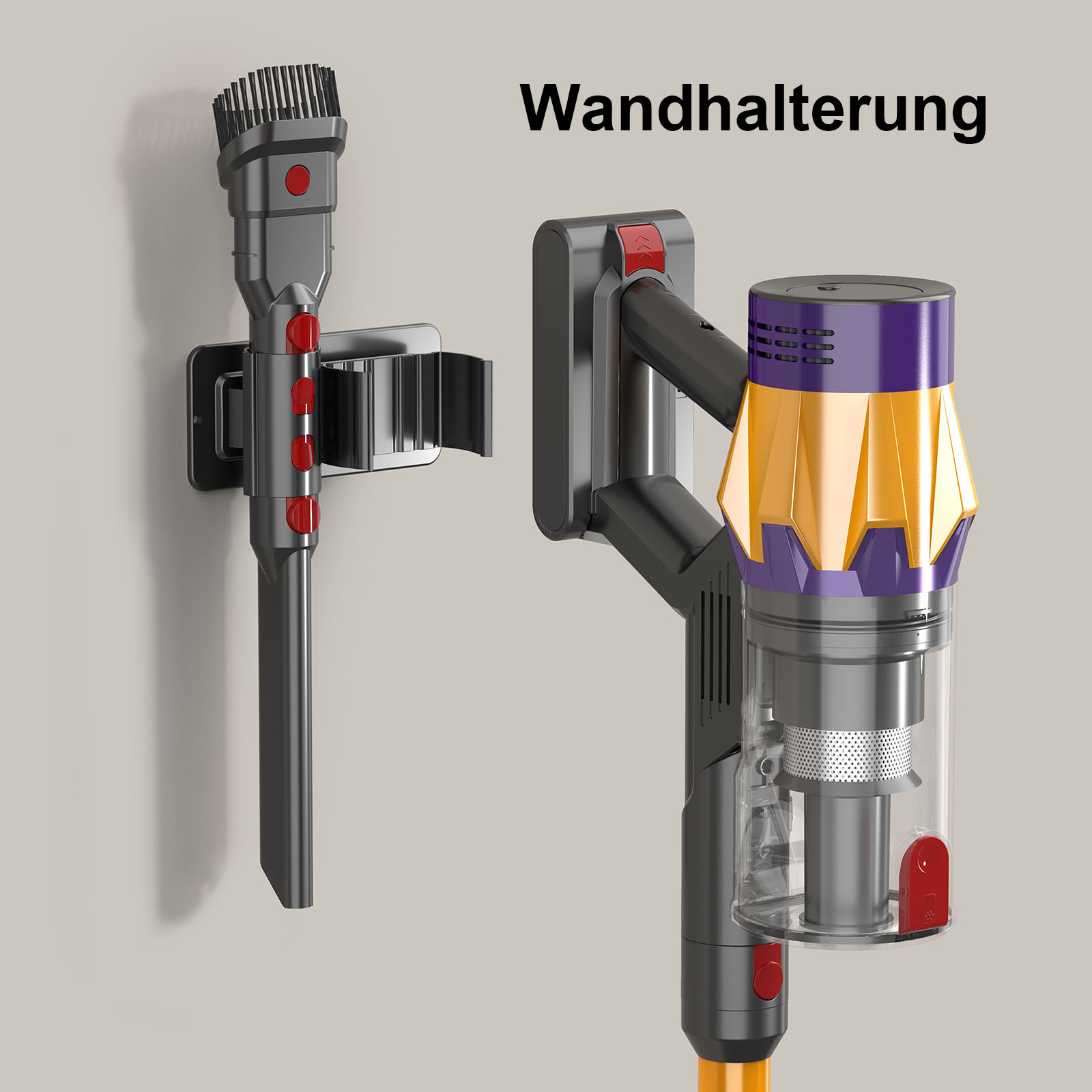 Staubsauger und Bürstenkopf an Wandhalterungen. Der Staubsauger ist grau, gelb und lila. Die Wand ist beige.