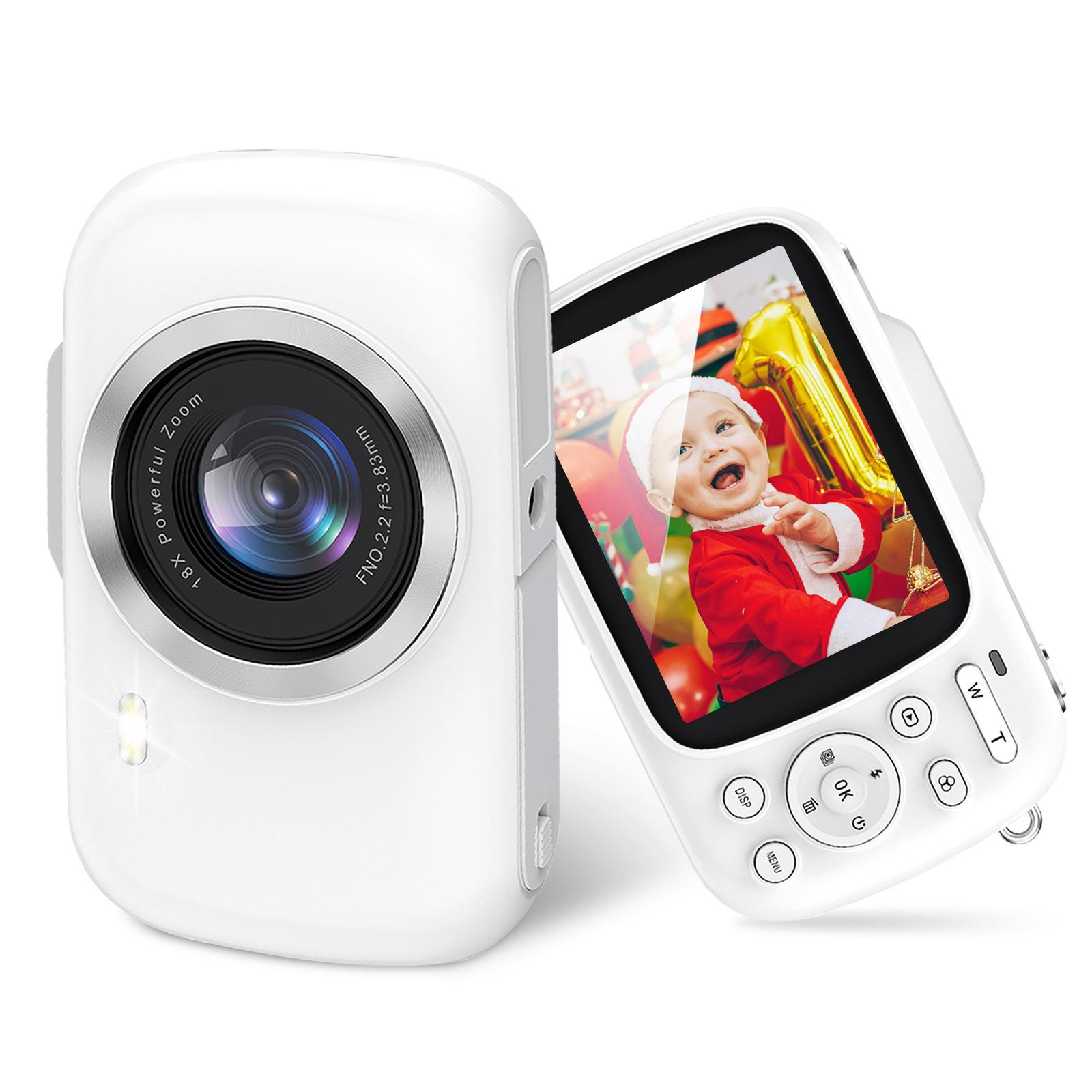 Weißer Babyphone mit Kameraobjektiv und Bildschirm, der ein Baby in Weihnachtskleidung zeigt.