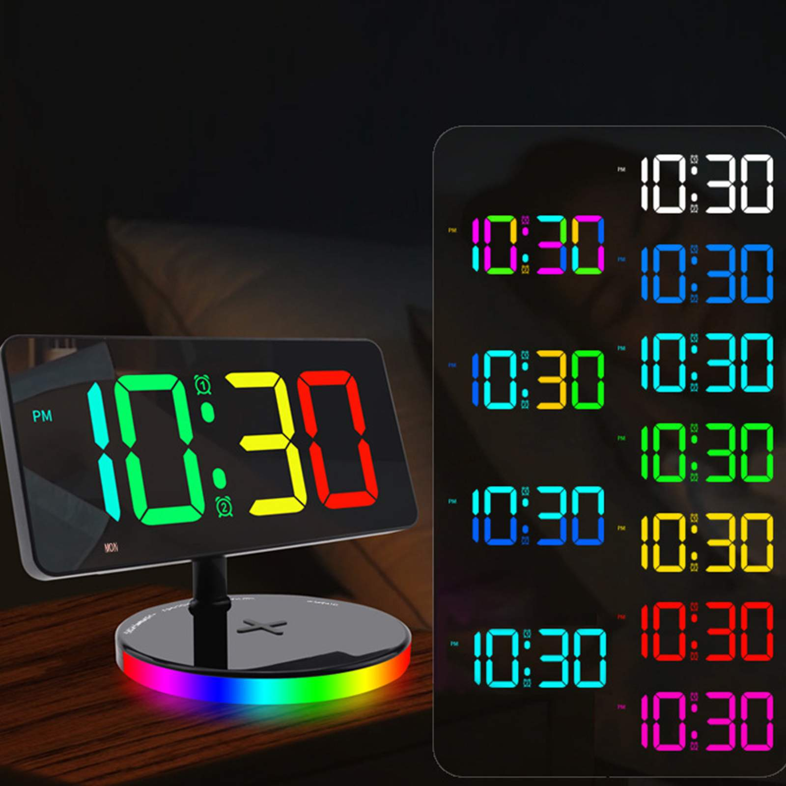 Digitaluhr, die 22:30 Uhr anzeigt. Sie verfügt über mehrere Farbanzeigen und einen regenbogenfarbenen Sockel.