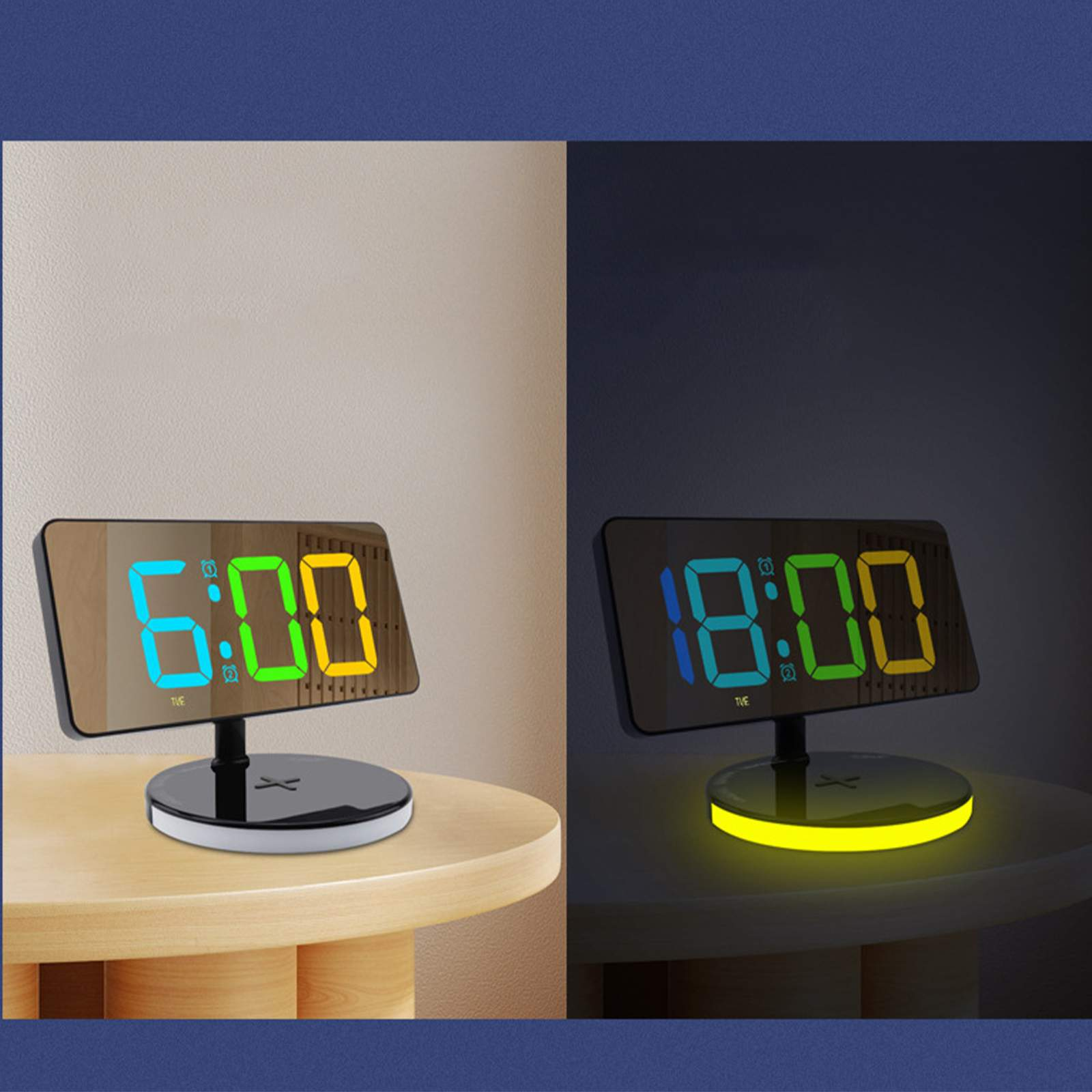 Digitaler Wecker mit der Anzeige 6:00 und 18:00. Die Uhr steht auf einem Tisch. Der Hintergrund ist beige und dunkel.