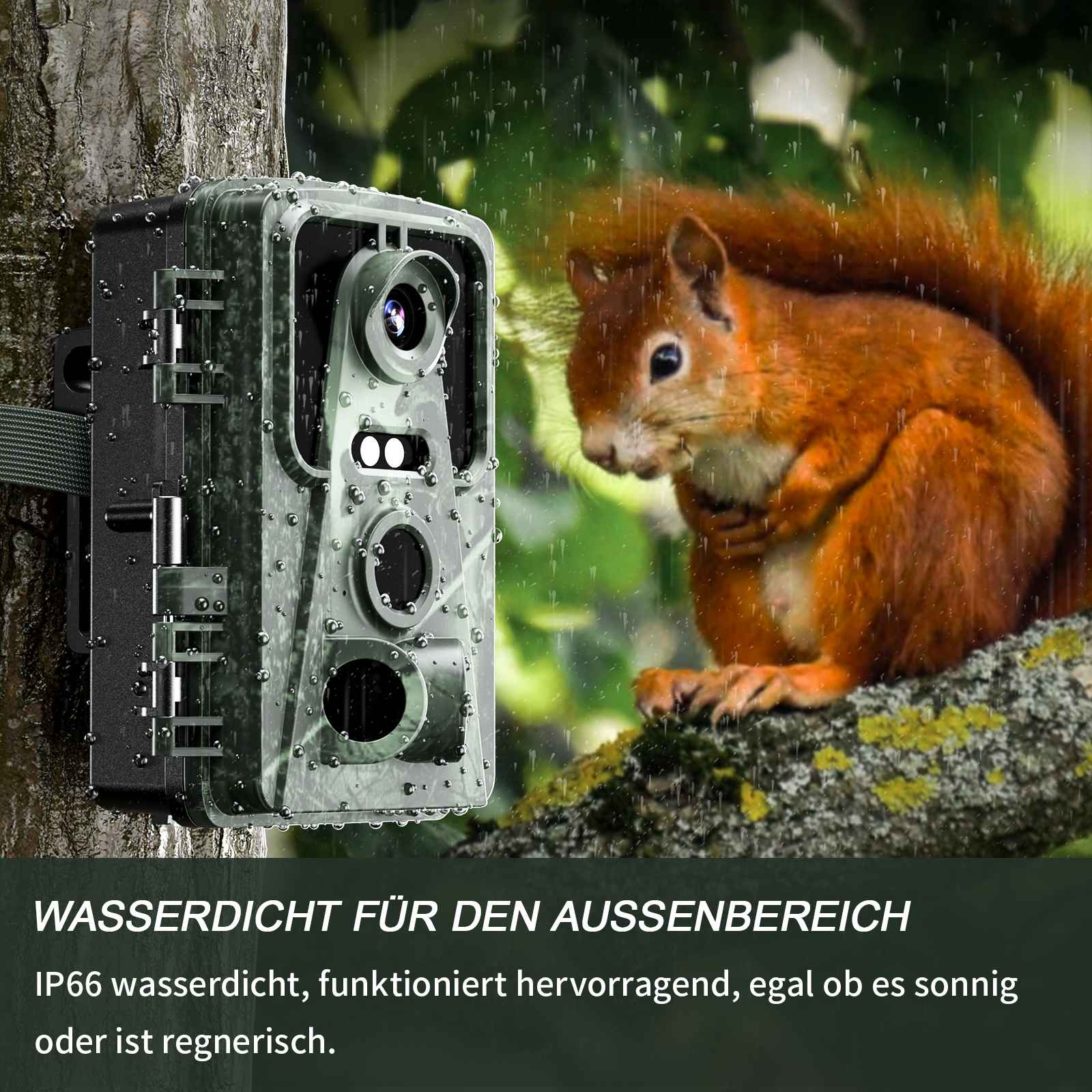 Eine Wildkamera ist an einem Baum befestigt. Ein Eichhörnchen sitzt bei Regen auf einem Ast.