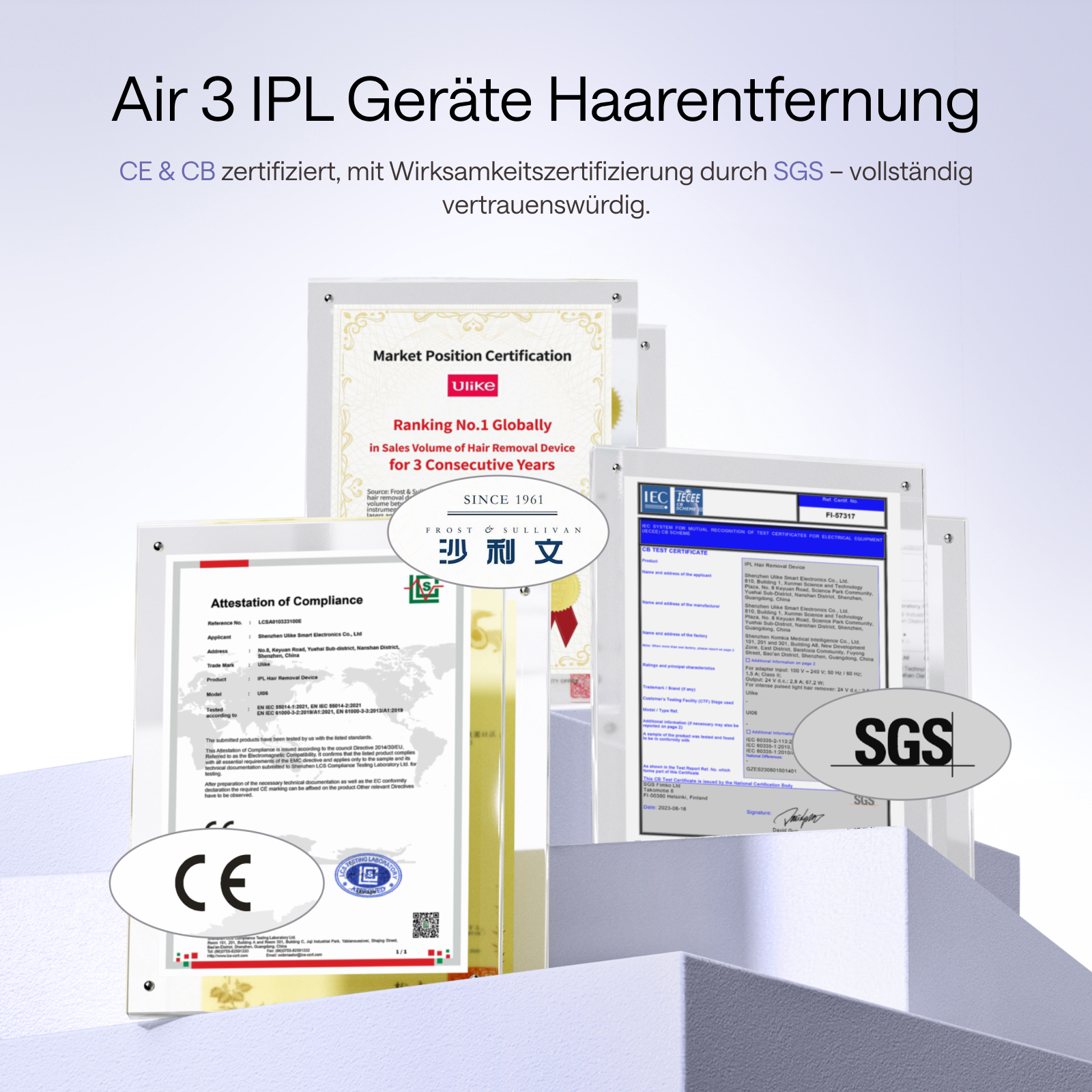 Das Bild zeigt Zertifikate, Produktdetails und Logos für ein Haarentfernungsgerät, darunter CE, SGS und Ulike.