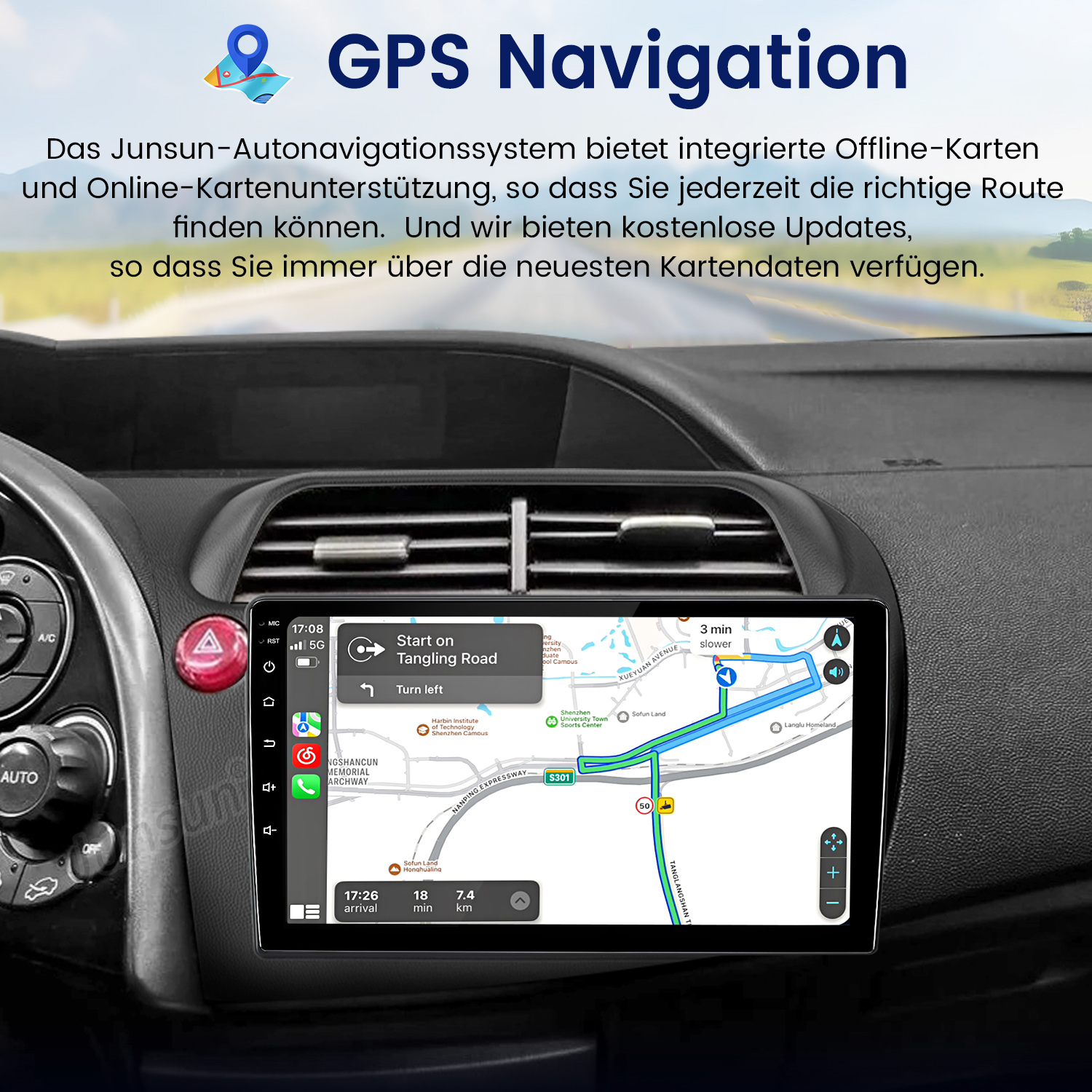 Auto-Armaturenbrett mit GPS-Navigationsbildschirm, der eine Routenkarte mit Wegbeschreibungen zeigt. Text 'GPS Navigation' oben.