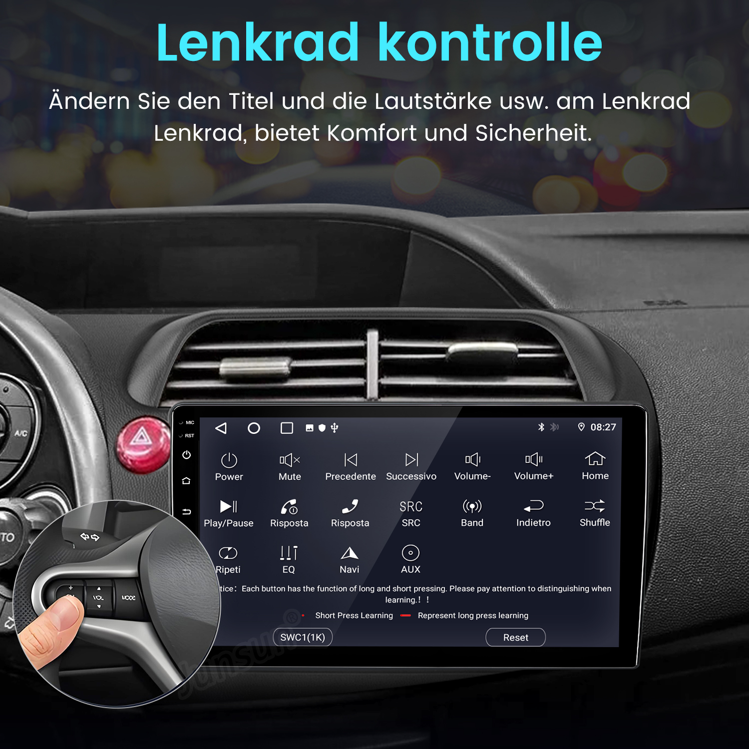 Ansicht des Auto-Innenraums. Lenkrad und Armaturenbrett sind sichtbar, mit einem Bildschirm, der verschiedene Steuerungsoptionen anzeigt.