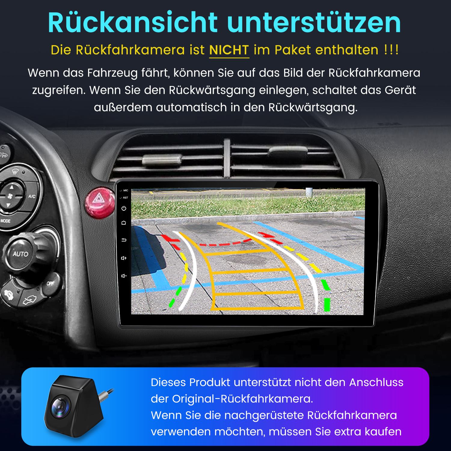 Auto-Innenraum mit Bildschirm, der eine Rückansicht mit farbigen Linien anzeigt. Text auf Deutsch erwähnt die Kamera und ihre Funktionen.