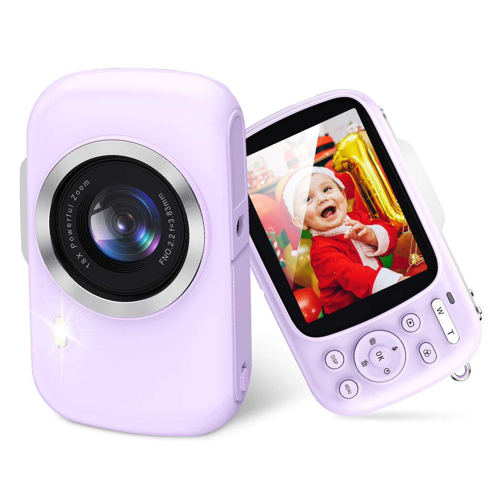 Eine lila Digitalkamera mit einem Bildschirm, auf dem ein Baby in einem Weihnachtsmannkostüm zu sehen ist.