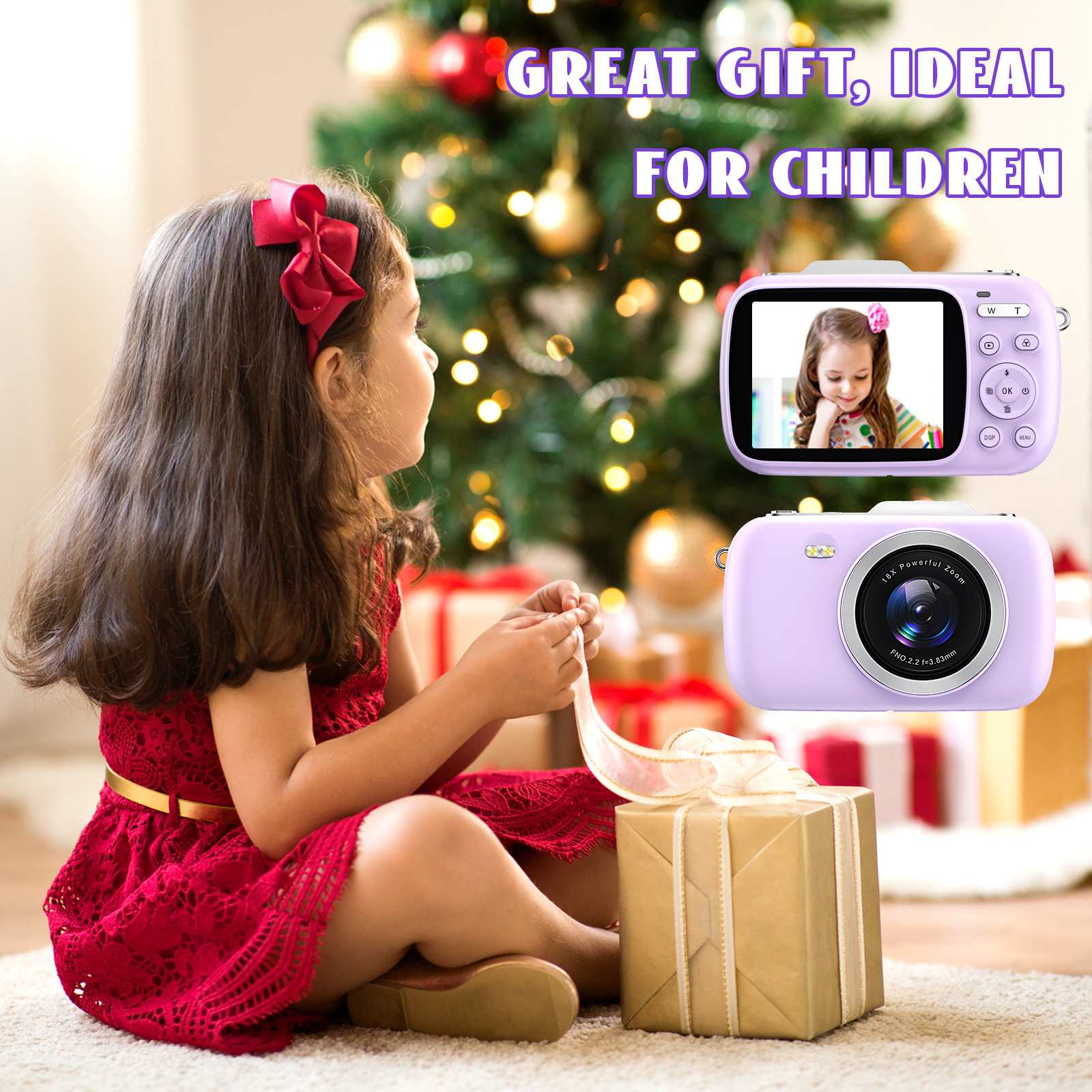 Ein Mädchen in einem roten Kleid öffnet ein Geschenk. Zwei Kameras sind sichtbar. Weihnachtsbaum im Hintergrund. Text: 'Tolles Geschenk, ideal für Kinder'.